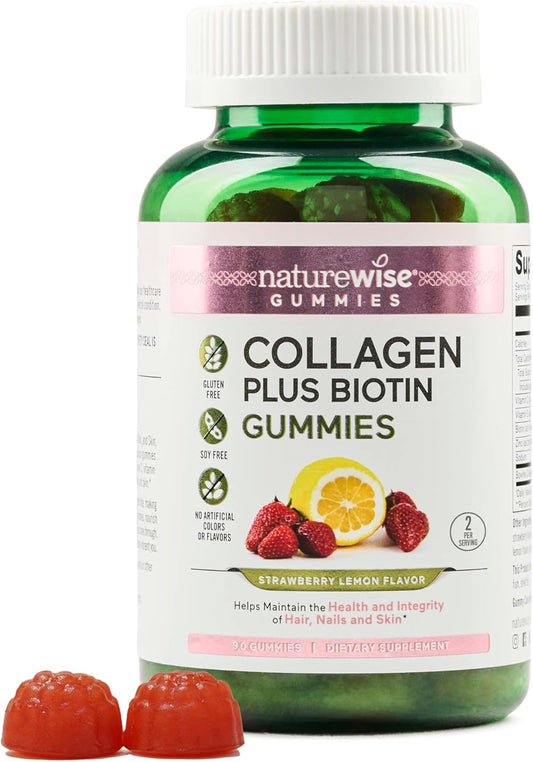 Strawberry Lemon Collagen Gummies for Women - Type 1 & 3 Peptides with Biotin, Vitamin C, E, & Zinc - Hair, Skin, Nails, and Joint Support - 90 Count