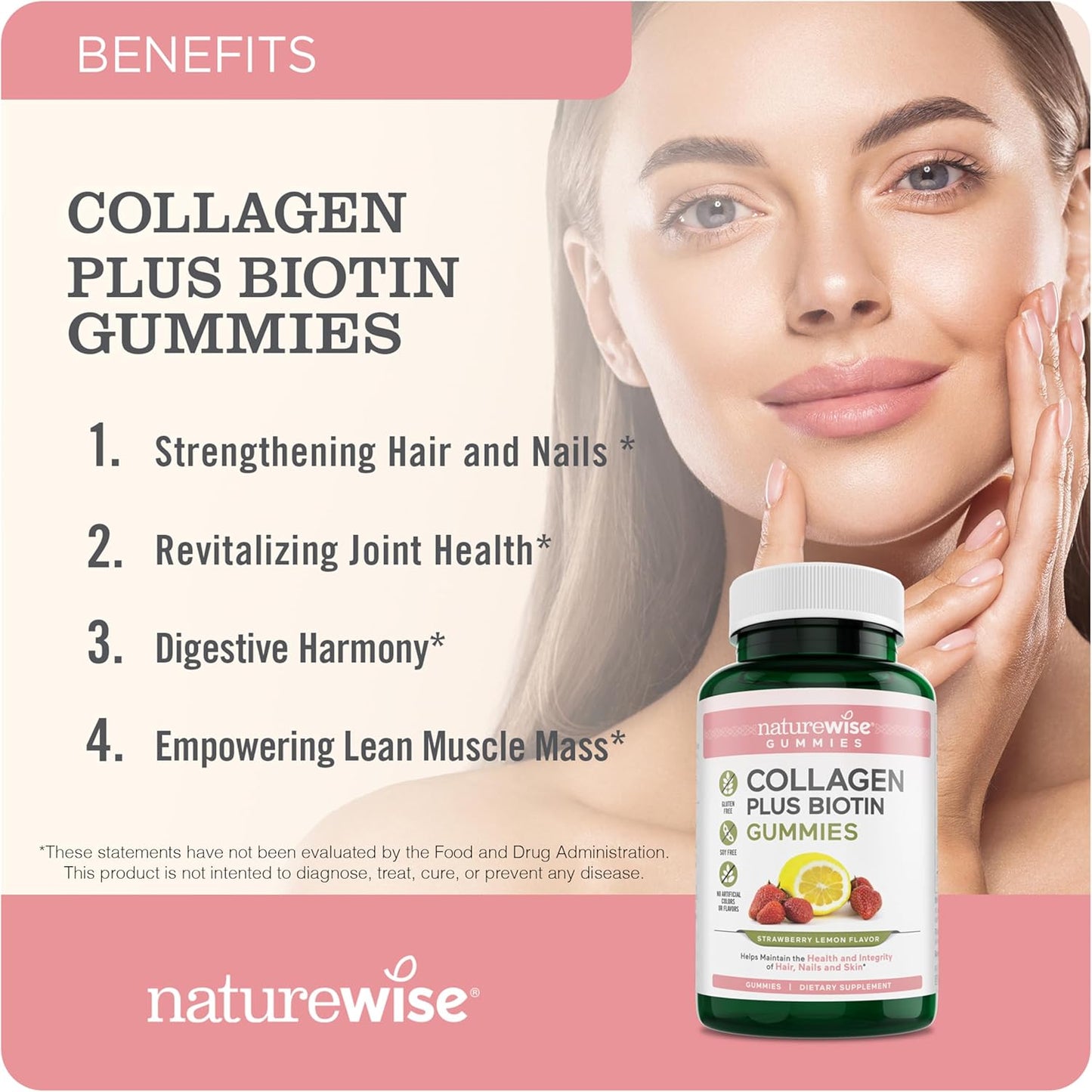 Strawberry Lemon Collagen Gummies for Women - Type 1 & 3 Peptides with Biotin, Vitamin C, E, & Zinc - Hair, Skin, Nails, and Joint Support - 90 Count