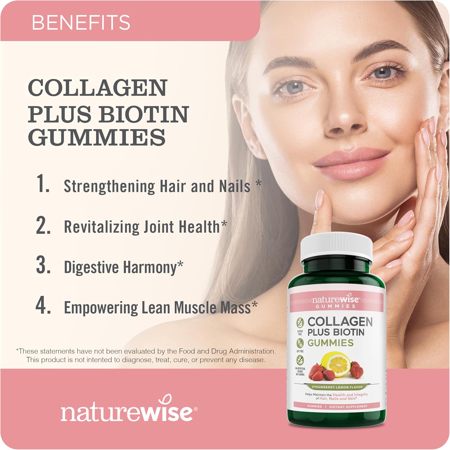 Strawberry Lemon Collagen Gummies for Women - Type 1 & 3 Peptides with Biotin, Vitamin C, E, & Zinc - Hair, Skin, Nails, and Joint Support - 90 Count