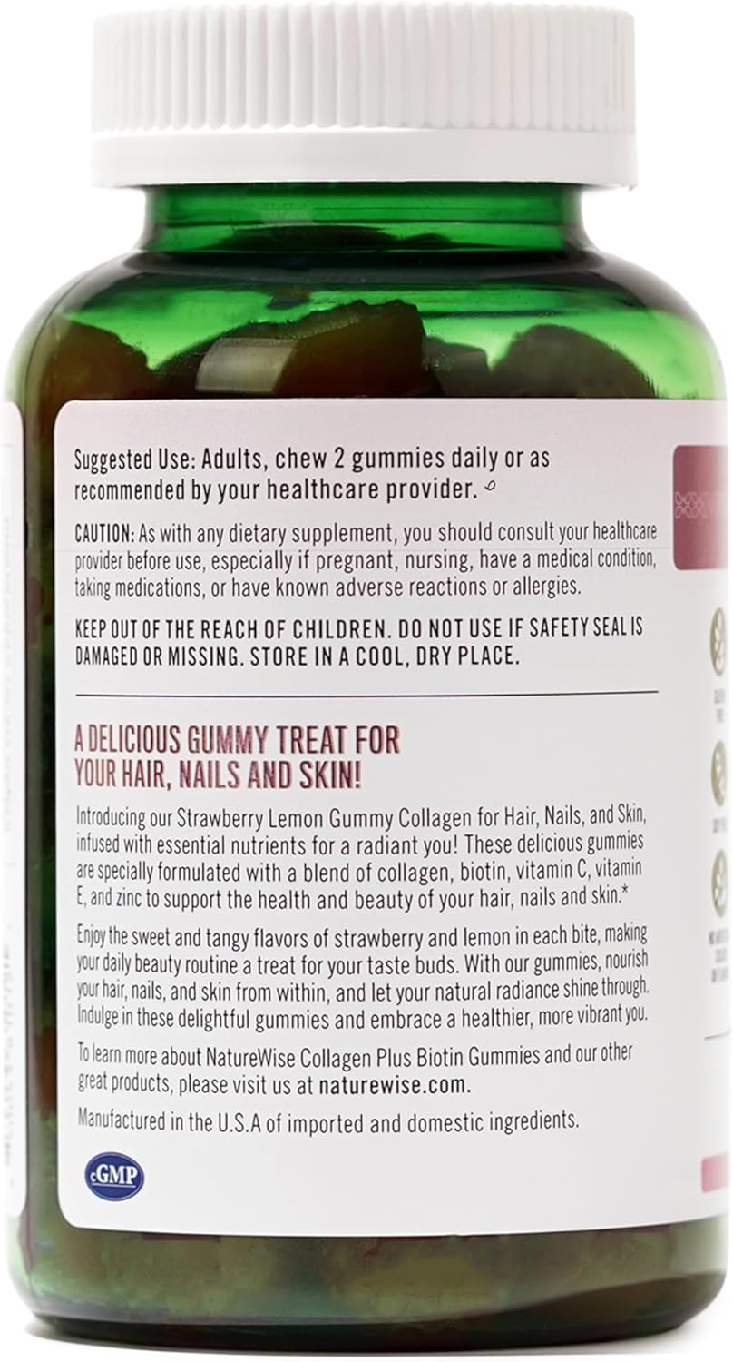 Strawberry Lemon Collagen Gummies for Women - Type 1 & 3 Peptides with Biotin, Vitamin C, E, & Zinc - Hair, Skin, Nails, and Joint Support - 90 Count