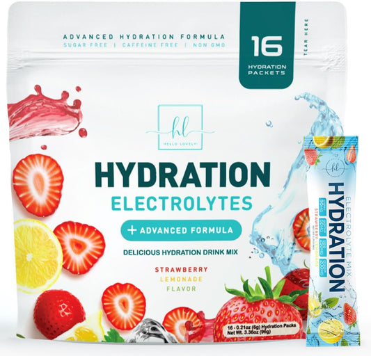 Strawberry Lemonade Electrolyte Drink Mix - Sugar Free Hydration Powder with 6 Electrolytes & Minerals - Keto Friendly Recovery Drink - 16 Servings