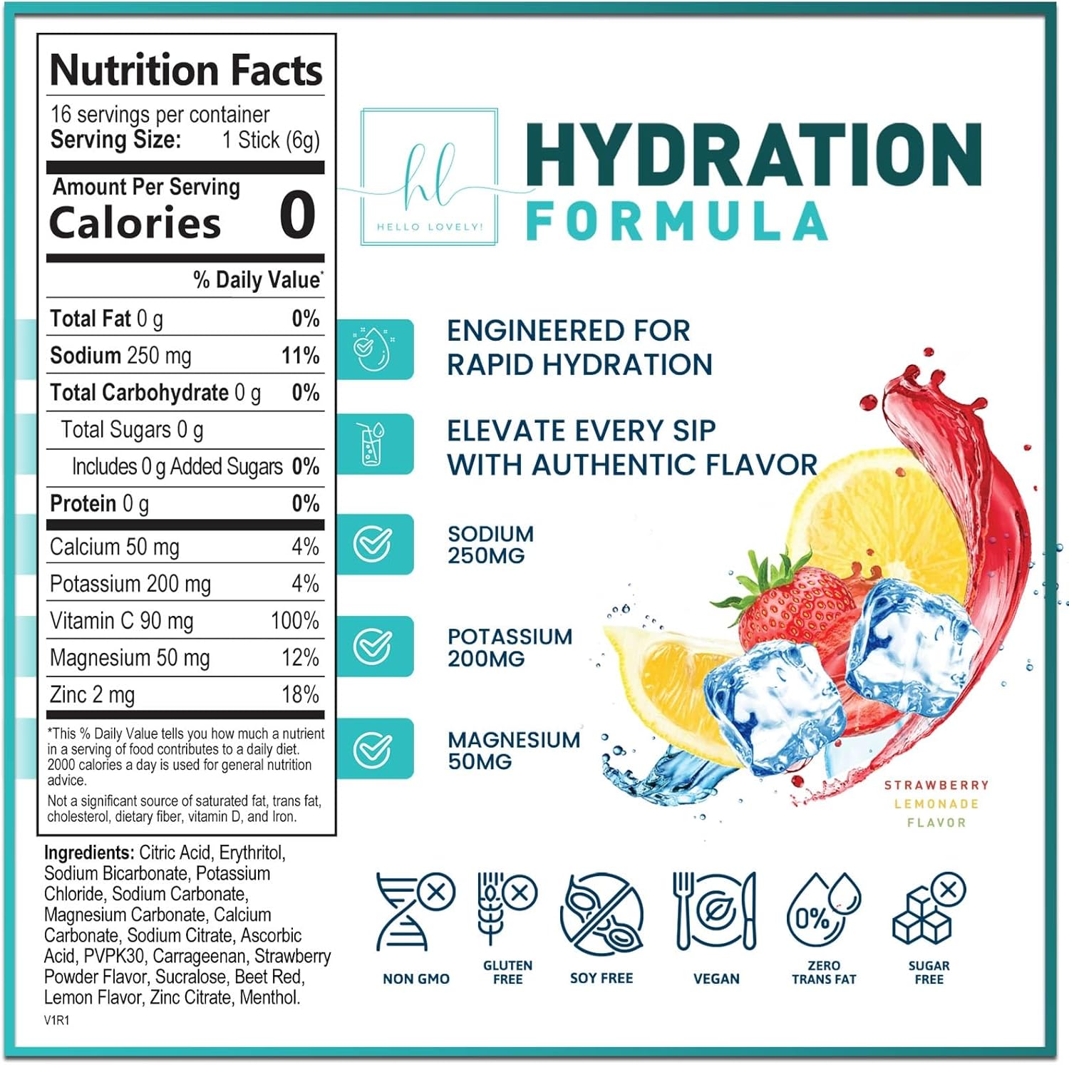 Strawberry Lemonade Electrolyte Drink Mix - Sugar Free Hydration Powder with 6 Electrolytes & Minerals - Keto Friendly Recovery Drink - 16 Servings