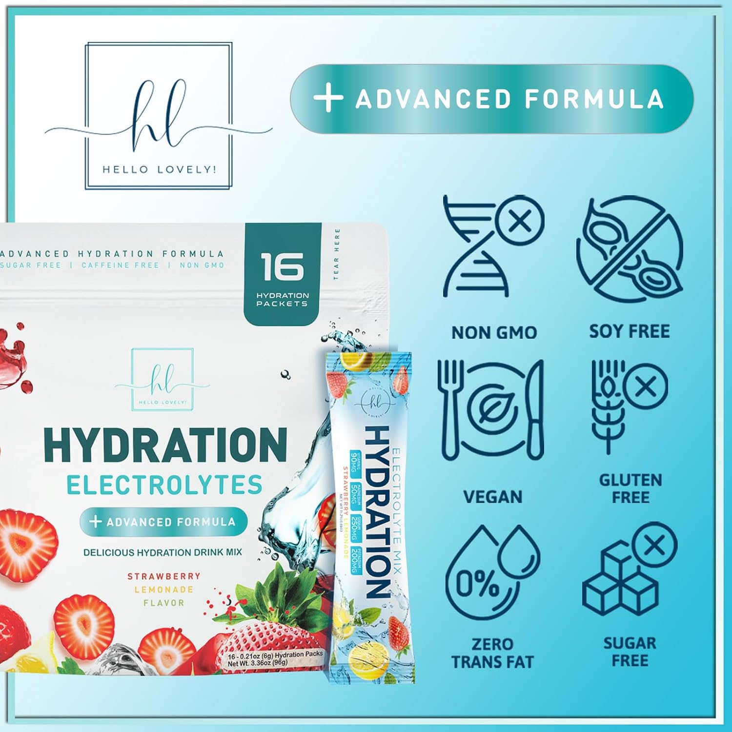 Strawberry Lemonade Electrolyte Drink Mix - Sugar Free Hydration Powder with 6 Electrolytes & Minerals - Keto Friendly Recovery Drink - 16 Servings