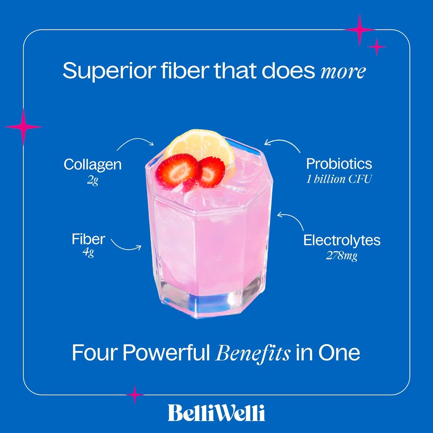 Strawberry Lemonade Fiber Supplement Powder with Collagen, Probiotics, and Electrolytes for Digestive Health - 16 Servings