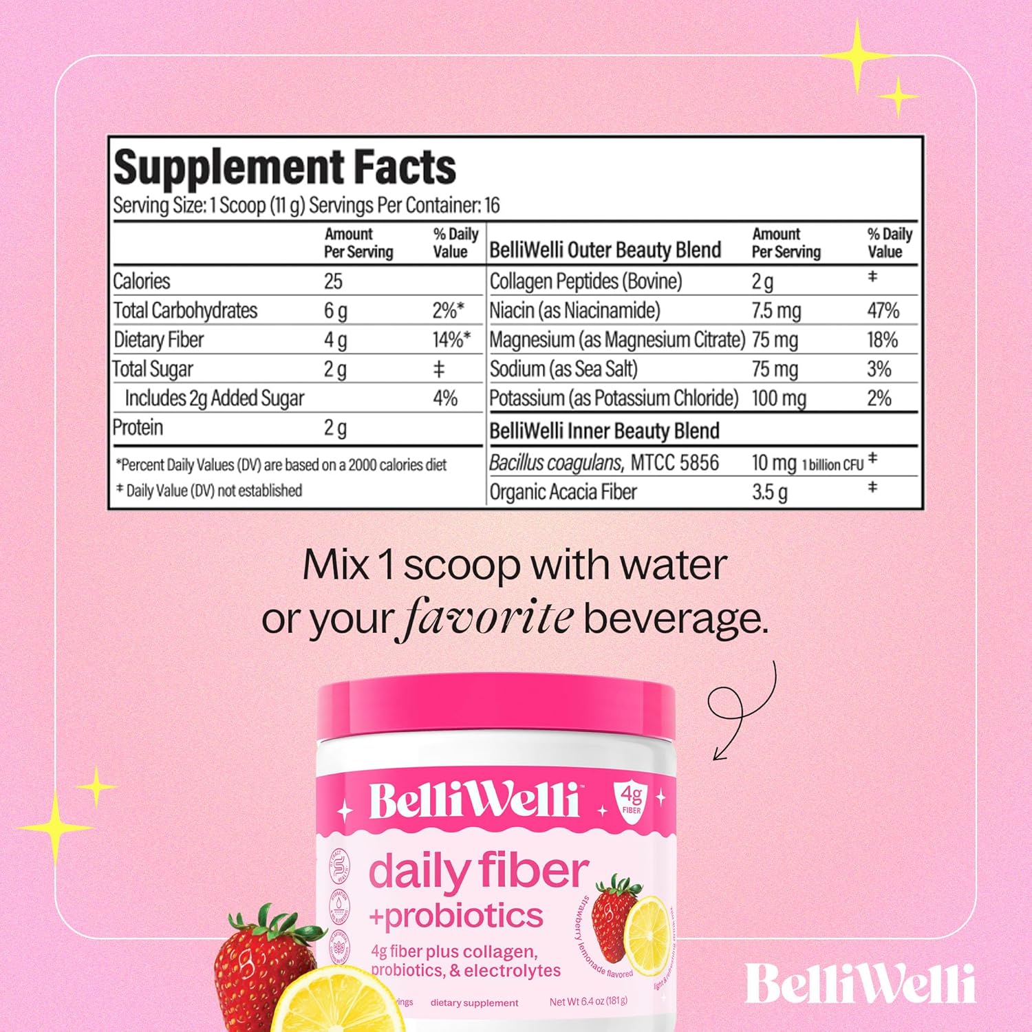 Strawberry Lemonade Fiber Supplement Powder with Collagen, Probiotics, and Electrolytes for Digestive Health - 16 Servings