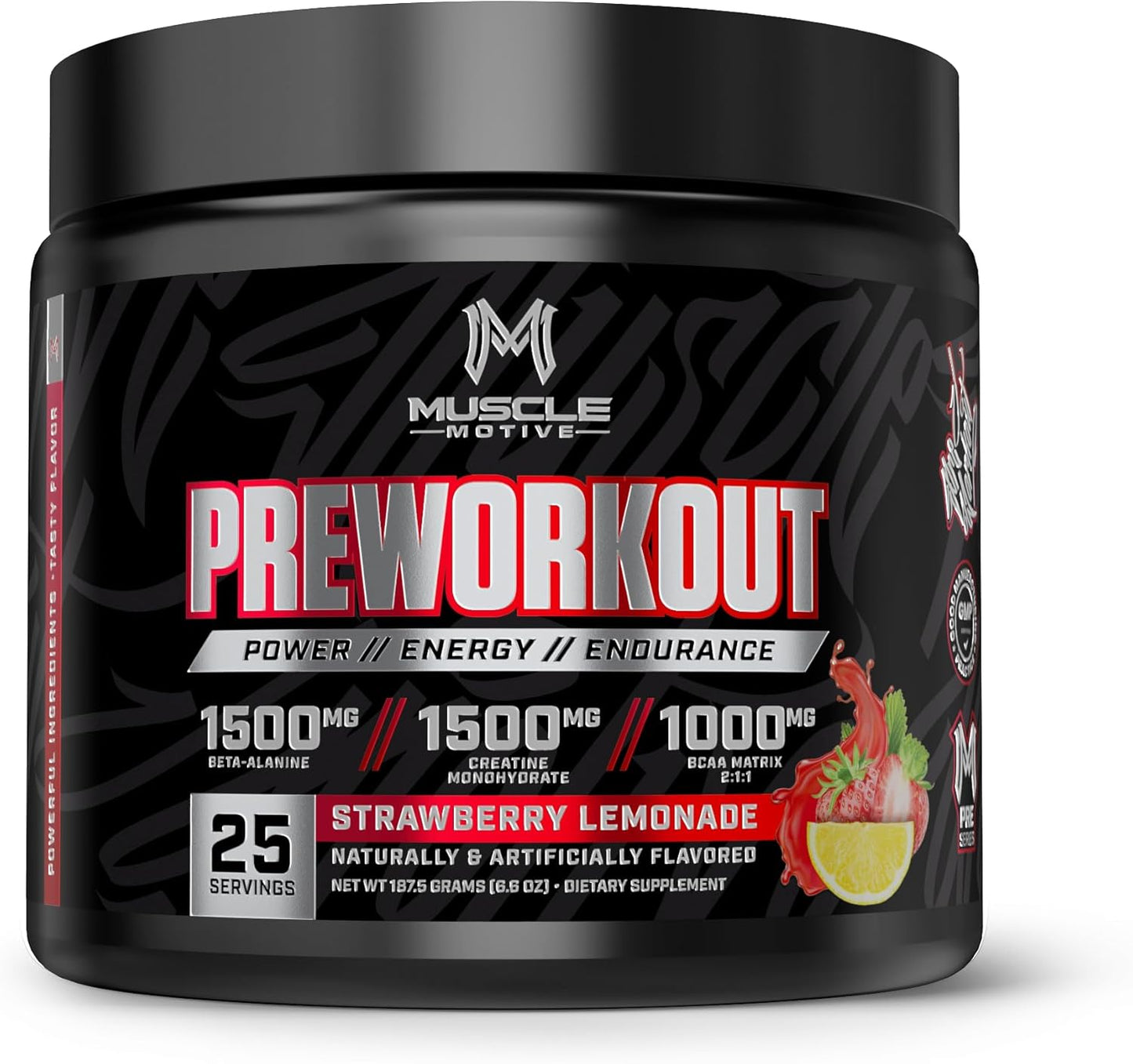 Strawberry Lemonade Pre Workout Powder with Beta Alanine, Creatine, BCAA, L Citrulline, L Arginine, Caffeine - 25 Servings