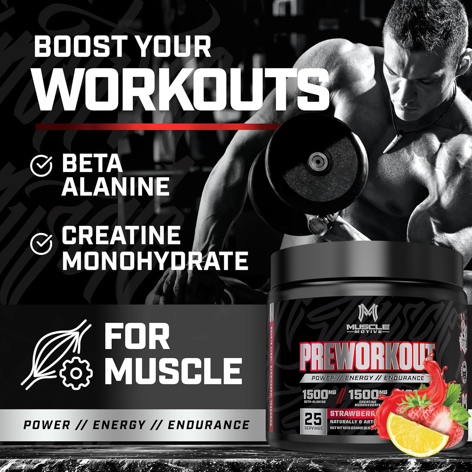 Strawberry Lemonade Pre Workout Powder with Beta Alanine, Creatine, BCAA, L Citrulline, L Arginine, Caffeine - 25 Servings