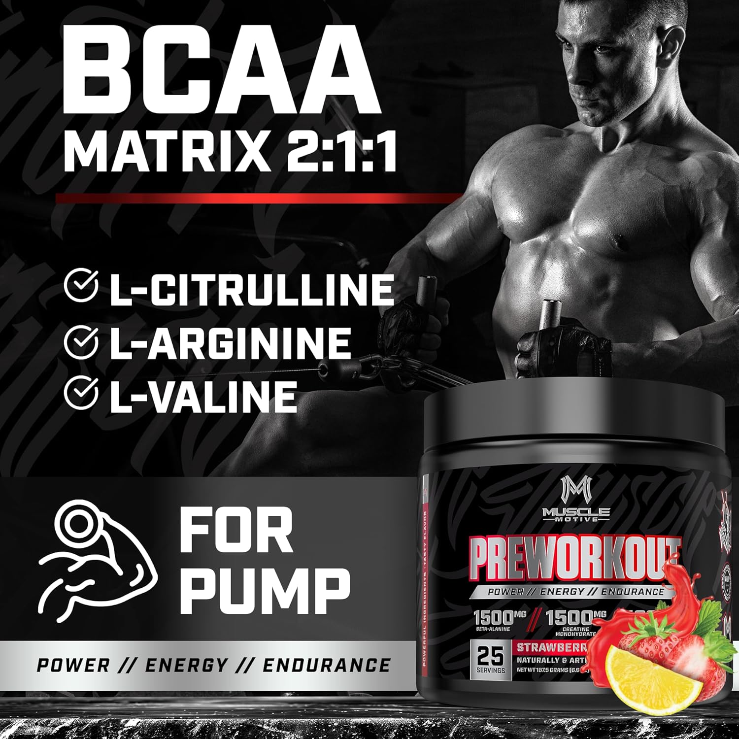 Strawberry Lemonade Pre Workout Powder with Beta Alanine, Creatine, BCAA, L Citrulline, L Arginine, Caffeine - 25 Servings