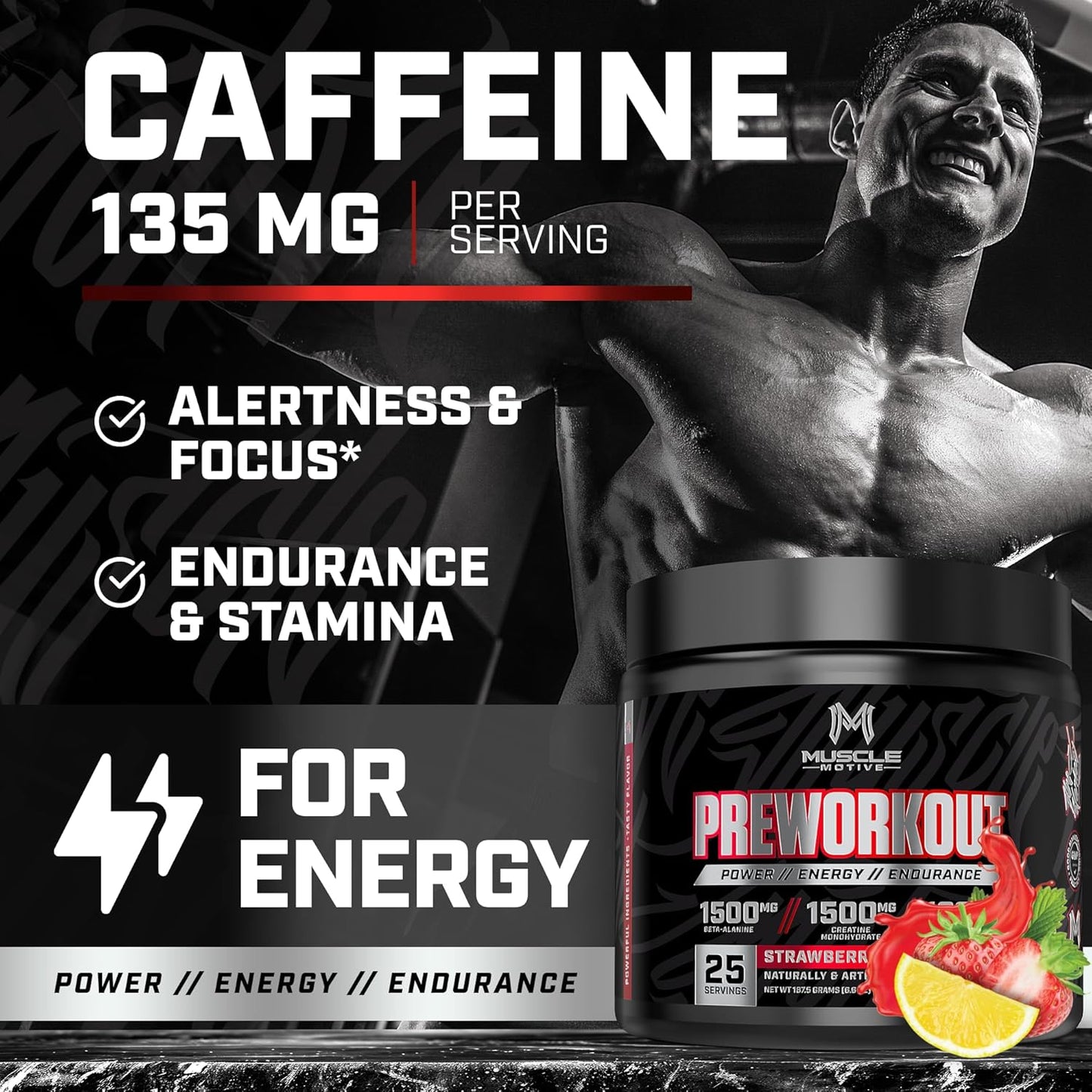 Strawberry Lemonade Pre Workout Powder with Beta Alanine, Creatine, BCAA, L Citrulline, L Arginine, Caffeine - 25 Servings