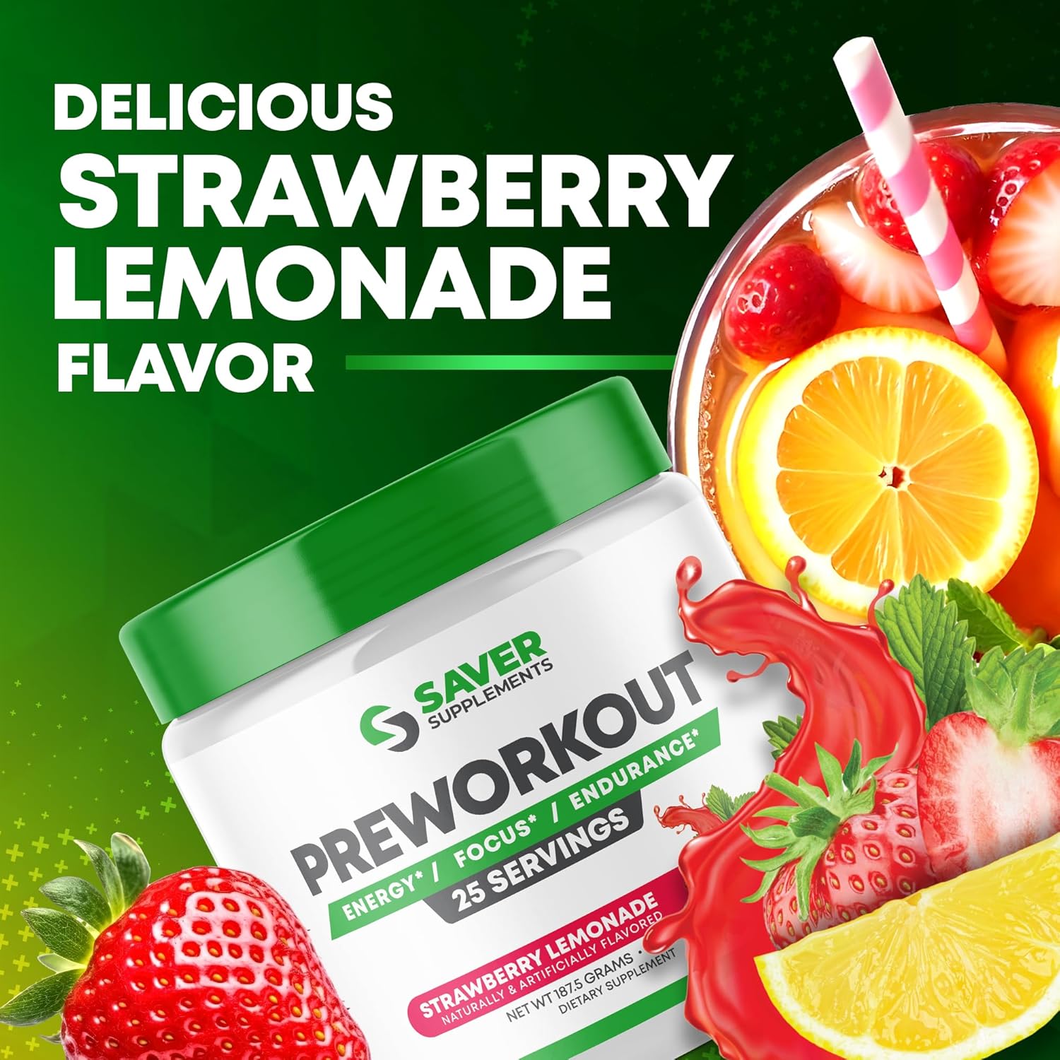 Strawberry Lemonade Pre-Workout Powder with Beta Alanine, Creatine, BCAA, Citrulline, Arginine, and Caffeine - 25 Servings
