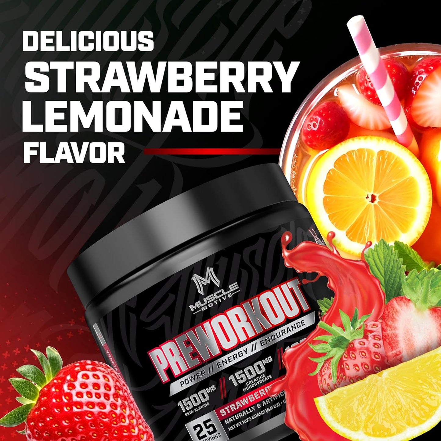 Strawberry Lemonade Pre Workout Powder with Beta Alanine, Creatine, BCAA, L Citrulline, L Arginine, Caffeine - 25 Servings
