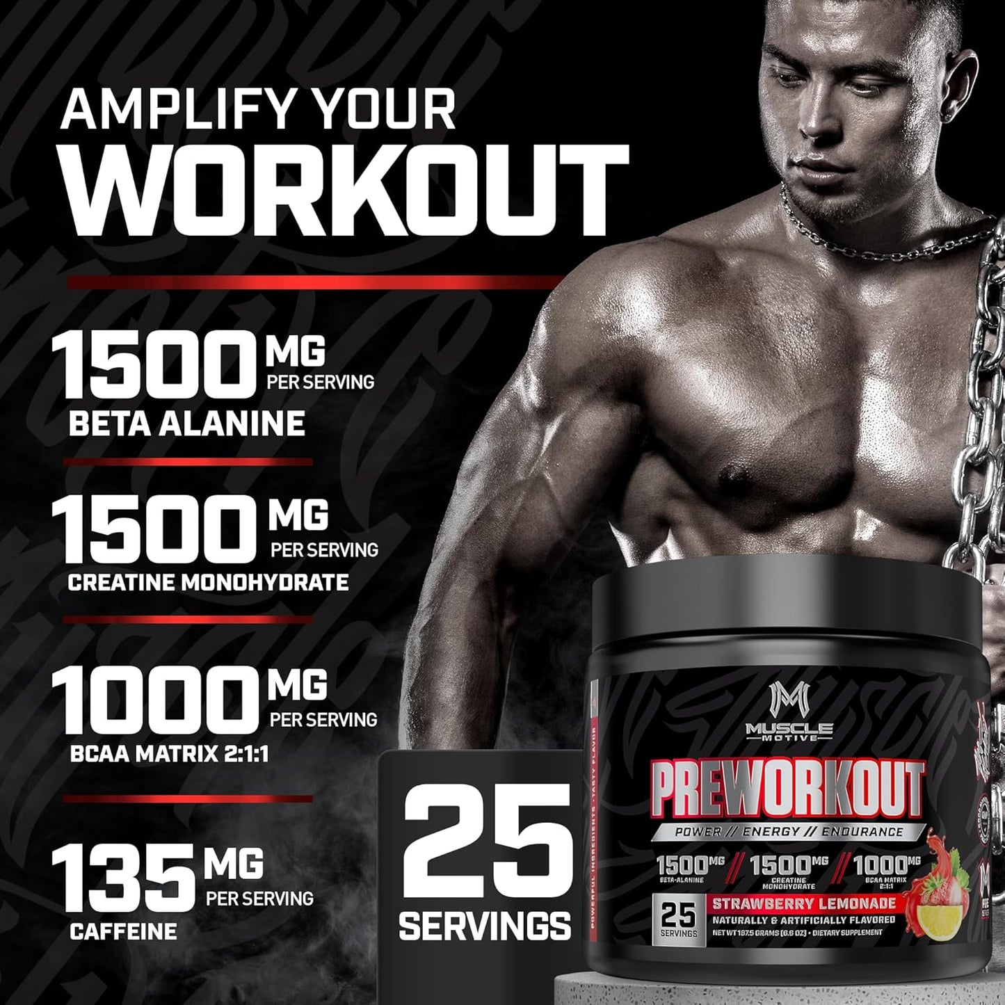 Strawberry Lemonade Pre Workout Powder with Beta Alanine, Creatine, BCAA, L Citrulline, L Arginine, Caffeine - 25 Servings