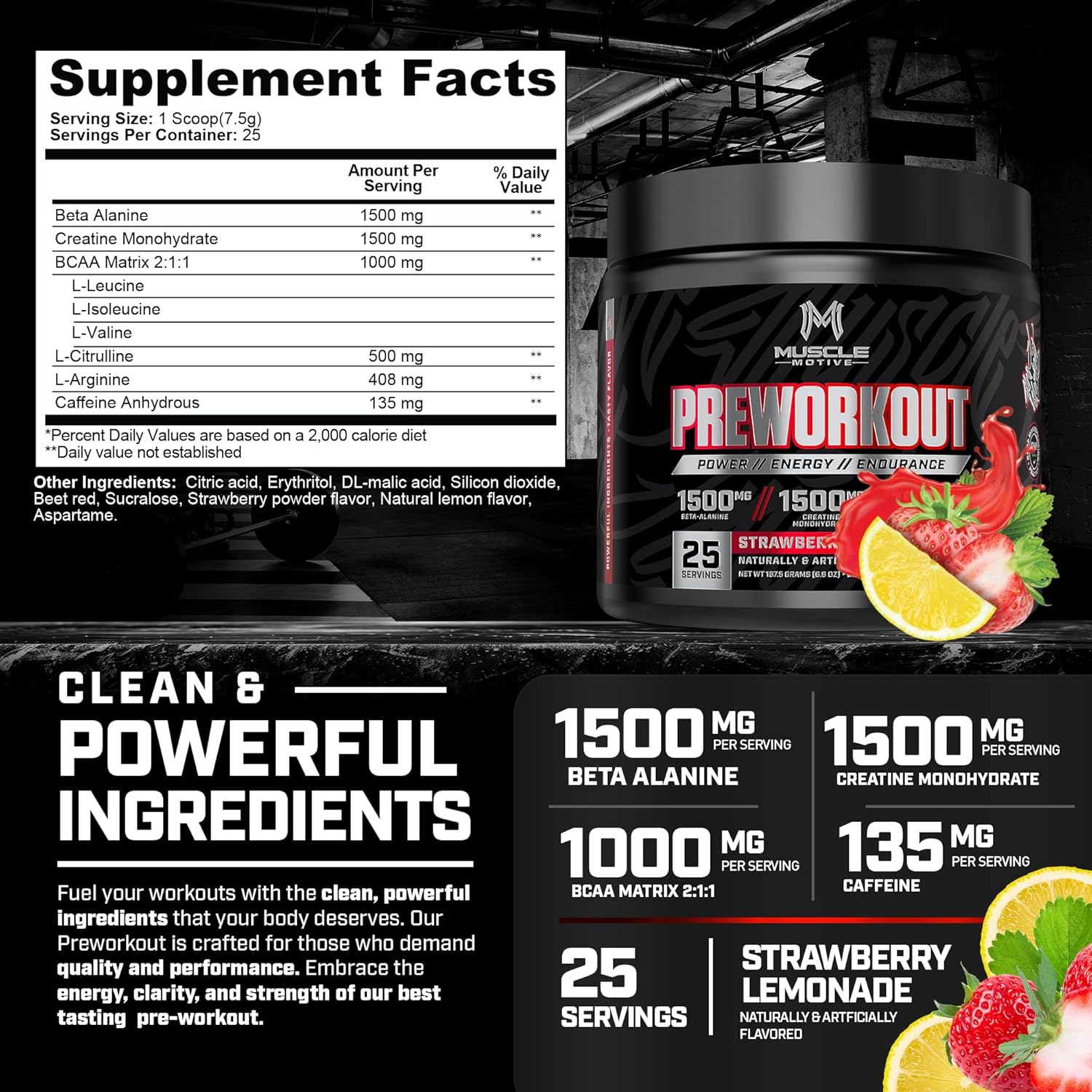 Strawberry Lemonade Pre Workout Powder with Beta Alanine, Creatine, BCAA, L Citrulline, L Arginine, Caffeine - 25 Servings