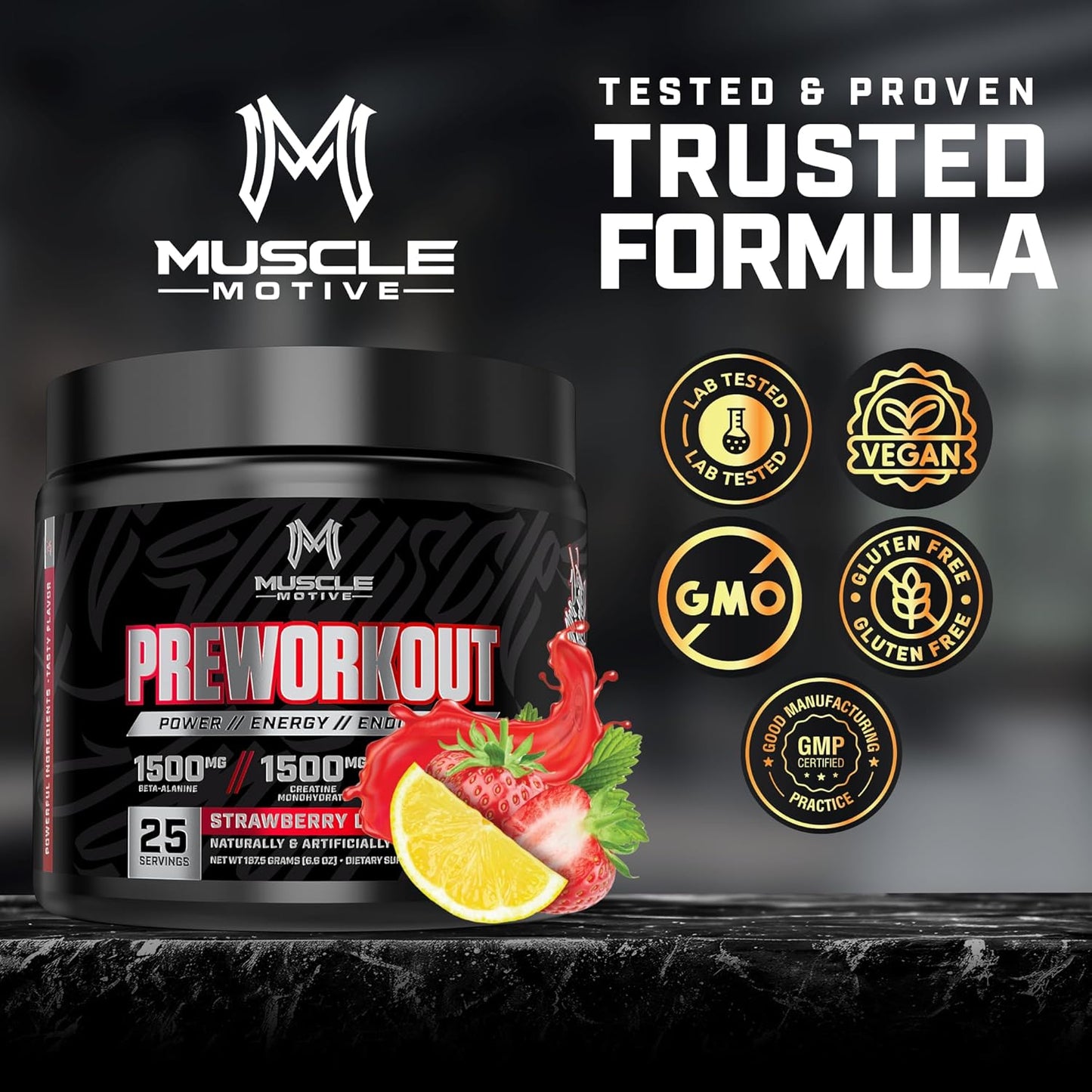 Strawberry Lemonade Pre Workout Powder with Beta Alanine, Creatine, BCAA, L Citrulline, L Arginine, Caffeine - 25 Servings
