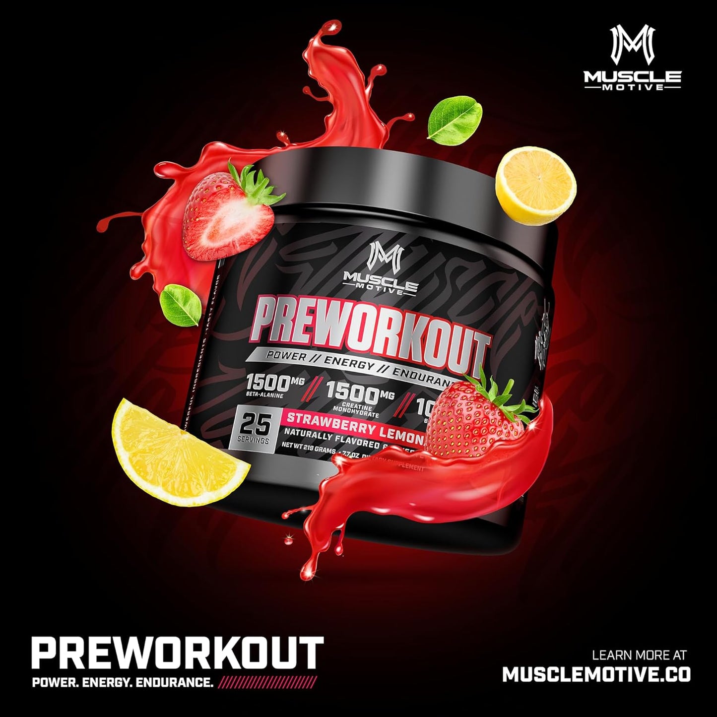 Strawberry Lemonade Pre Workout Powder with Beta Alanine, Creatine, BCAA, L Citrulline, L Arginine, Caffeine - 25 Servings