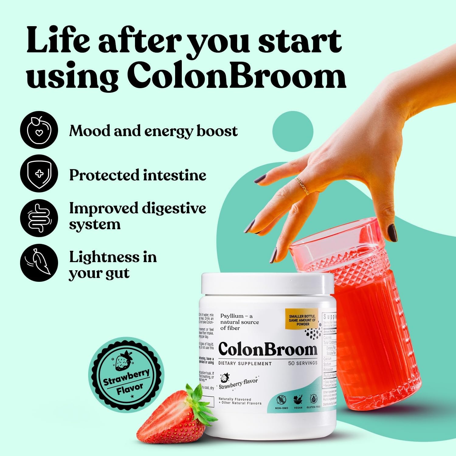 Strawberry Psyllium Husk Powder for Colon Cleanse & Gut Health - Vegan, Gluten Free Fiber Supplement (50 Servings)