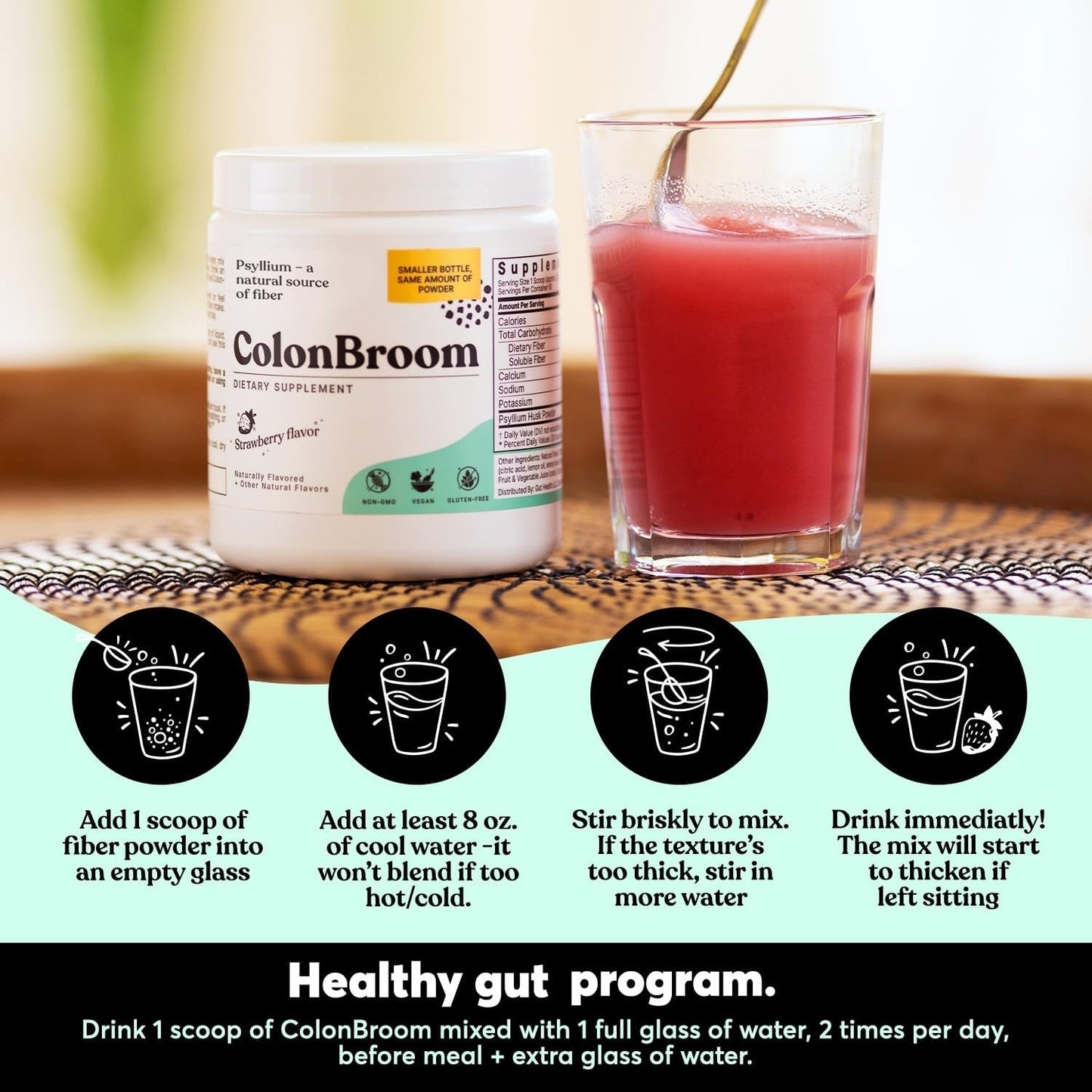 Strawberry Psyllium Husk Powder for Colon Cleanse & Gut Health - Vegan, Gluten Free Fiber Supplement (50 Servings)