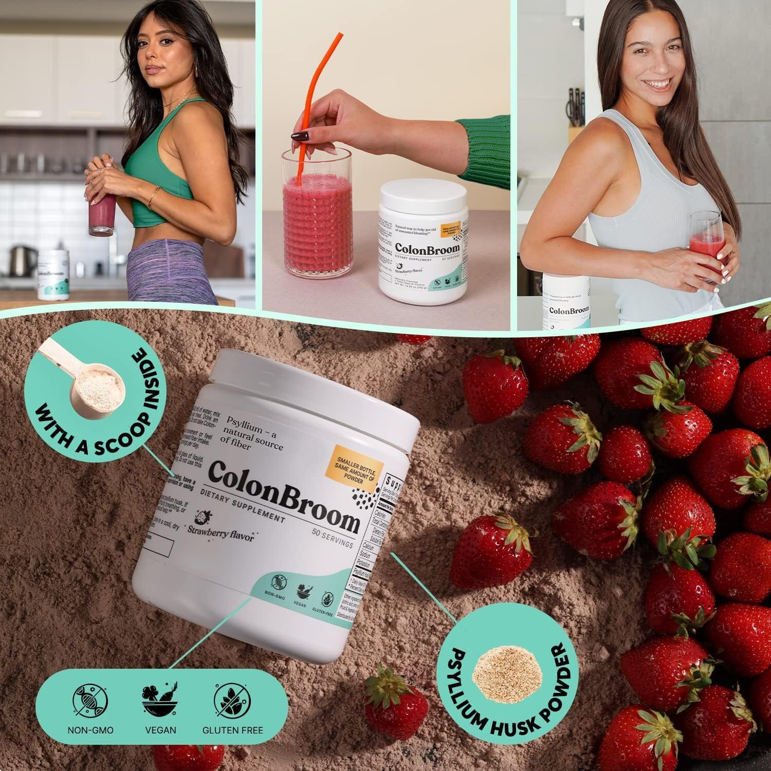 Strawberry Psyllium Husk Powder for Colon Cleanse & Gut Health - Vegan, Gluten Free Fiber Supplement (50 Servings)