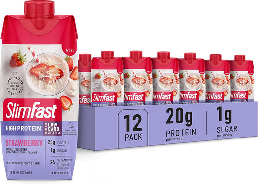 Strawberry SlimFast Protein Shake - 20g Protein, Meal Replacement Ready to Drink - High Protein, Low Carb, Low Sugar - 24 Vitamins & Minerals - 12 Count (1 Pack)