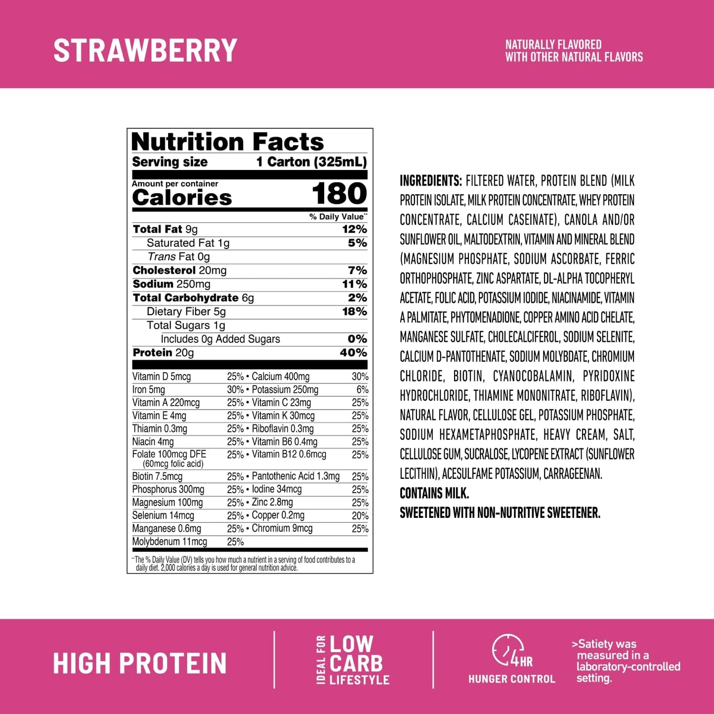 Strawberry SlimFast Protein Shake - 20g Protein, Meal Replacement Ready to Drink - High Protein, Low Carb, Low Sugar - 24 Vitamins & Minerals - 12 Count (1 Pack)