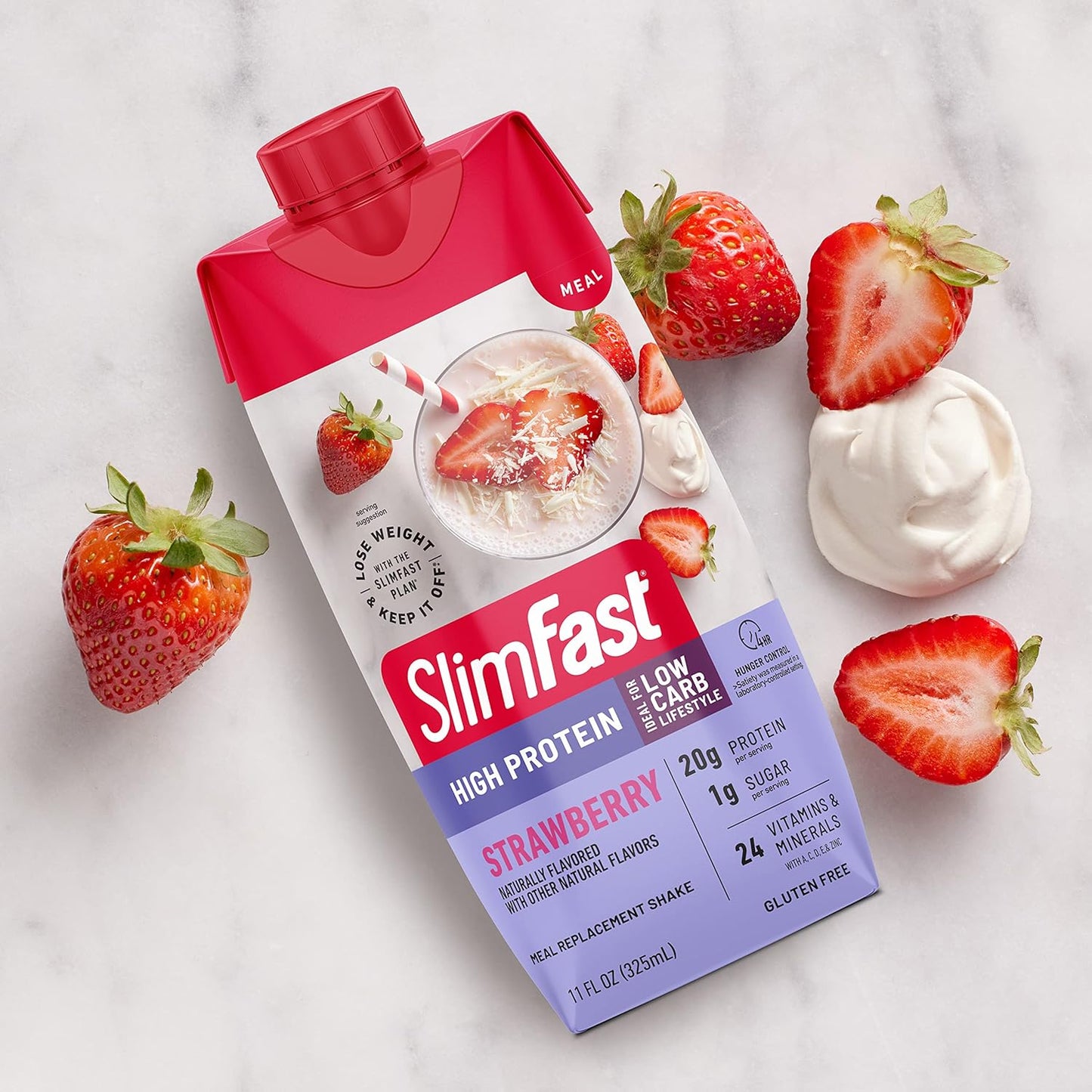 Strawberry SlimFast Protein Shake - 20g Protein, Meal Replacement Ready to Drink - High Protein, Low Carb, Low Sugar - 24 Vitamins & Minerals - 12 Count (1 Pack)