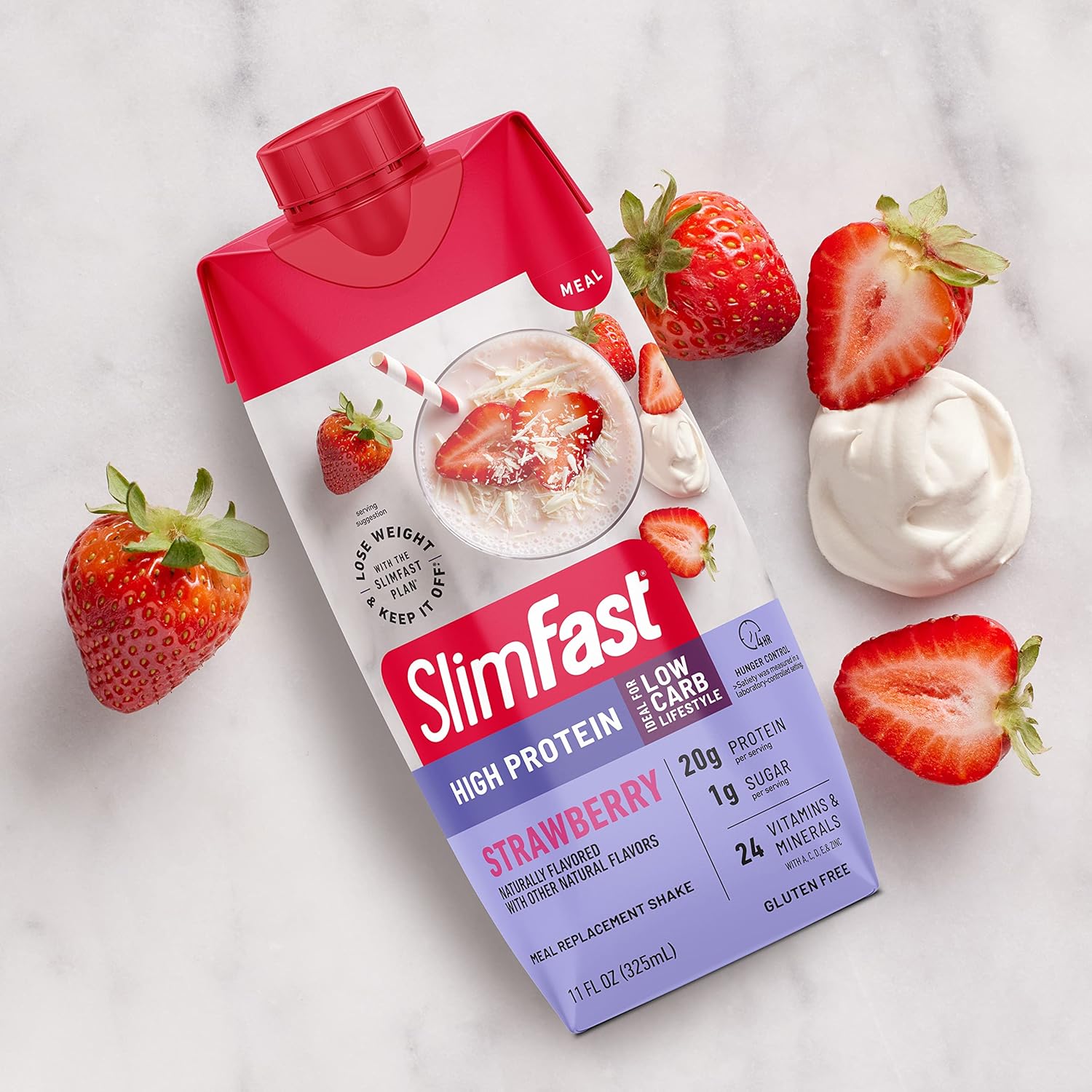 Strawberry SlimFast Protein Shake - 20g Protein, Meal Replacement Ready to Drink - High Protein, Low Carb, Low Sugar - 24 Vitamins & Minerals - 12 Count (1 Pack)