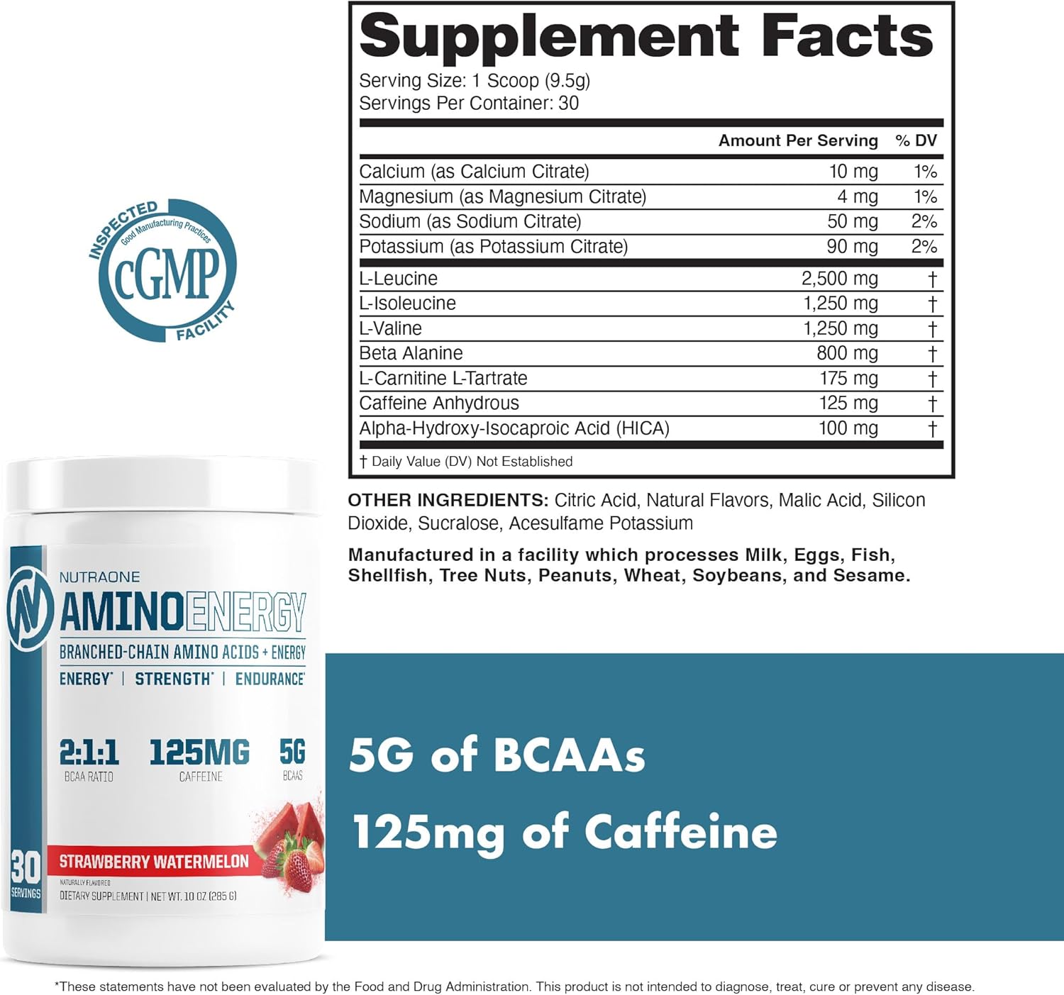 Strawberry Watermelon Amino Energy BCAA Powder Pre-Workout Supplement - 30 Servings