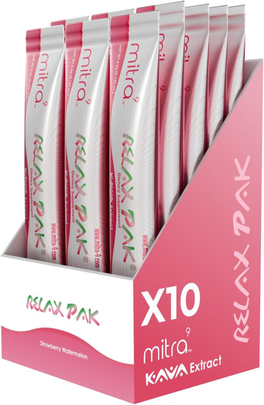 Strawberry Watermelon Kava Extract Powder Packets - Mitra9 Kava Powder RelaxPak | Mood Enhancer | Plant Based | Promotes Calm & Clarity | Single-Serving Stick (10)