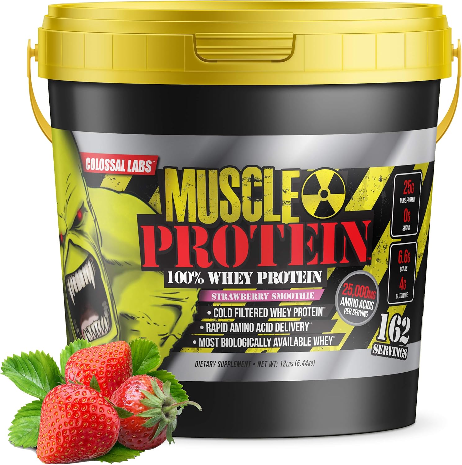 Strawberry Whey Protein Powder - 12 lbs, Cold Filtered, 25g Protein, 6.6g BCAAs - COLOSSAL LABS
