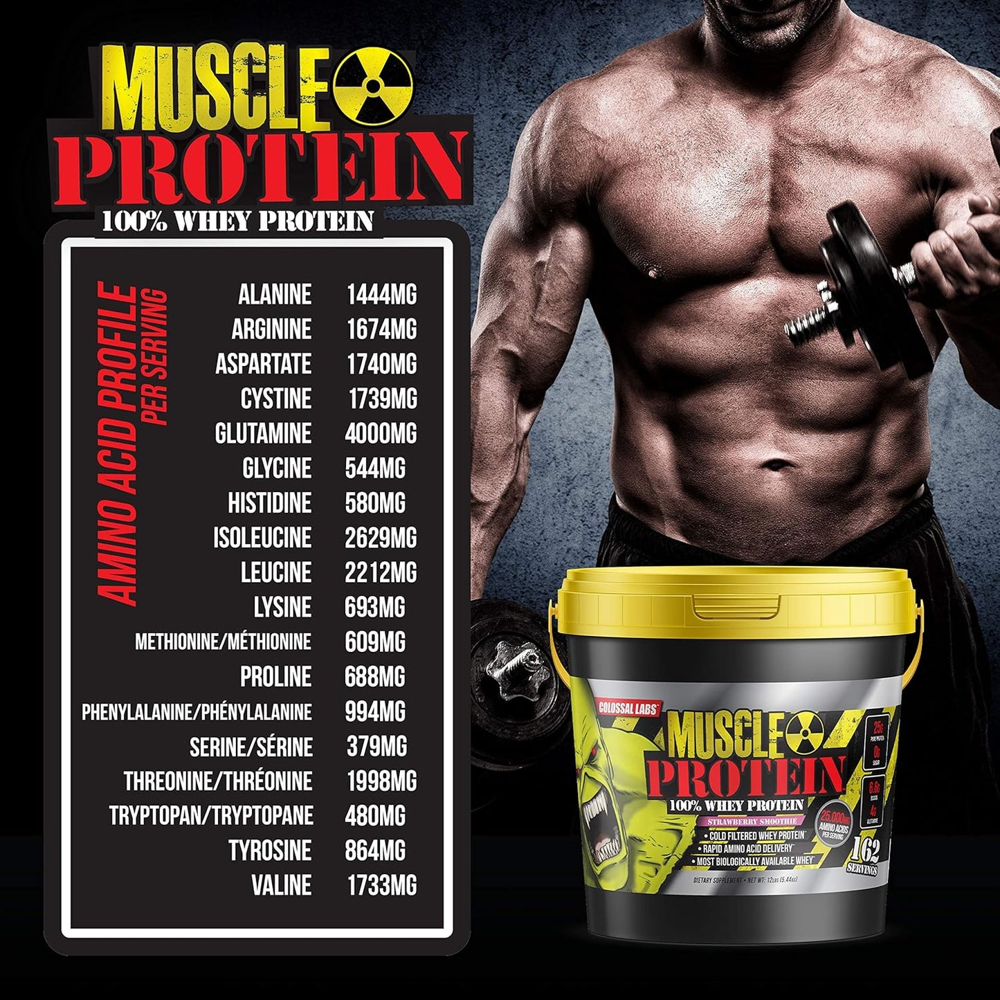 Strawberry Whey Protein Powder - 12 lbs, Cold Filtered, 25g Protein, 6.6g BCAAs - COLOSSAL LABS