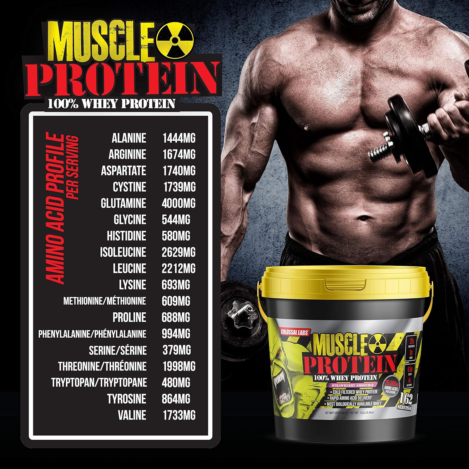 Strawberry Whey Protein Powder - 12 lbs, Cold Filtered, 25g Protein, 6.6g BCAAs - COLOSSAL LABS