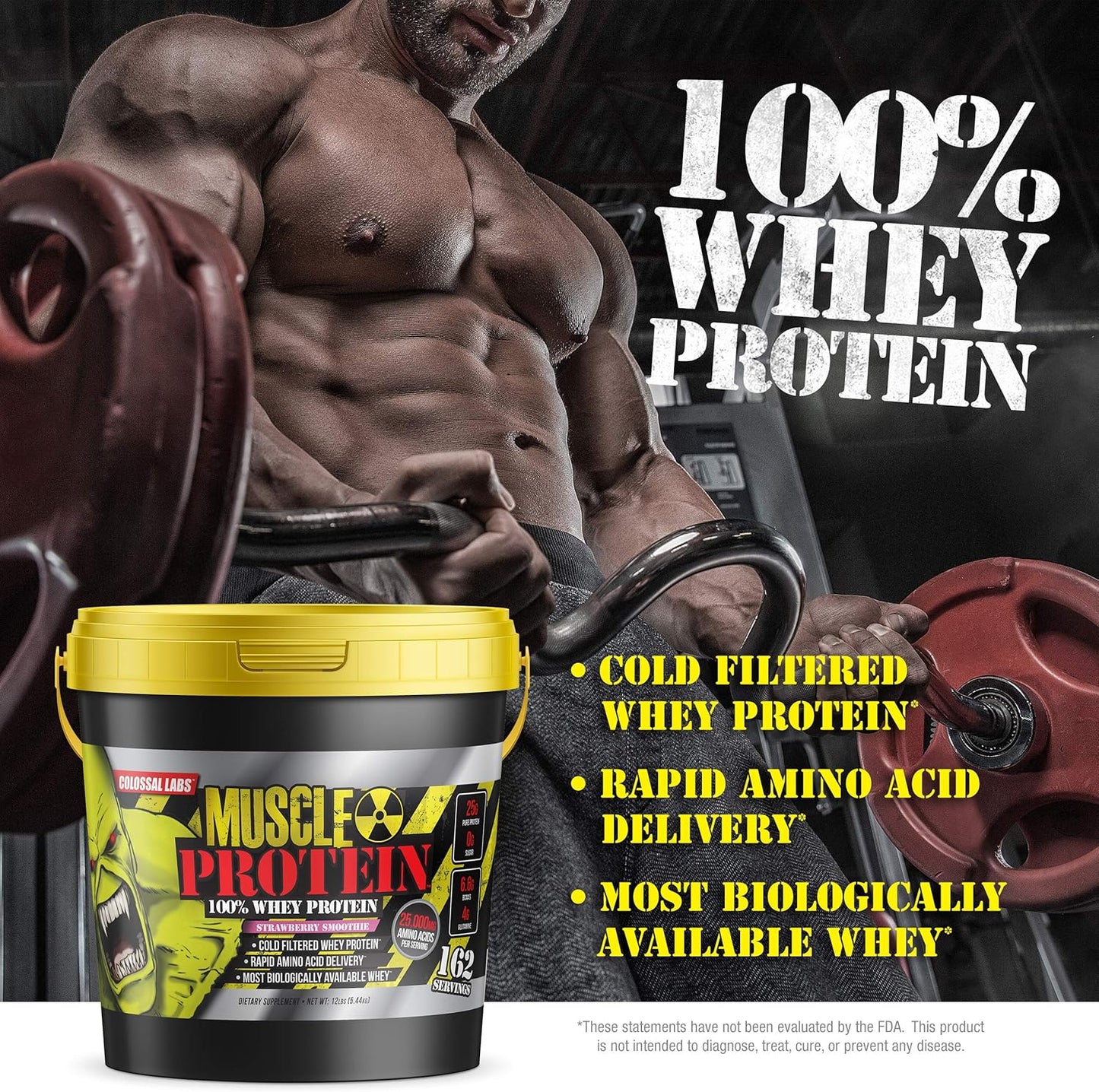 Strawberry Whey Protein Powder - 12 lbs, Cold Filtered, 25g Protein, 6.6g BCAAs - COLOSSAL LABS