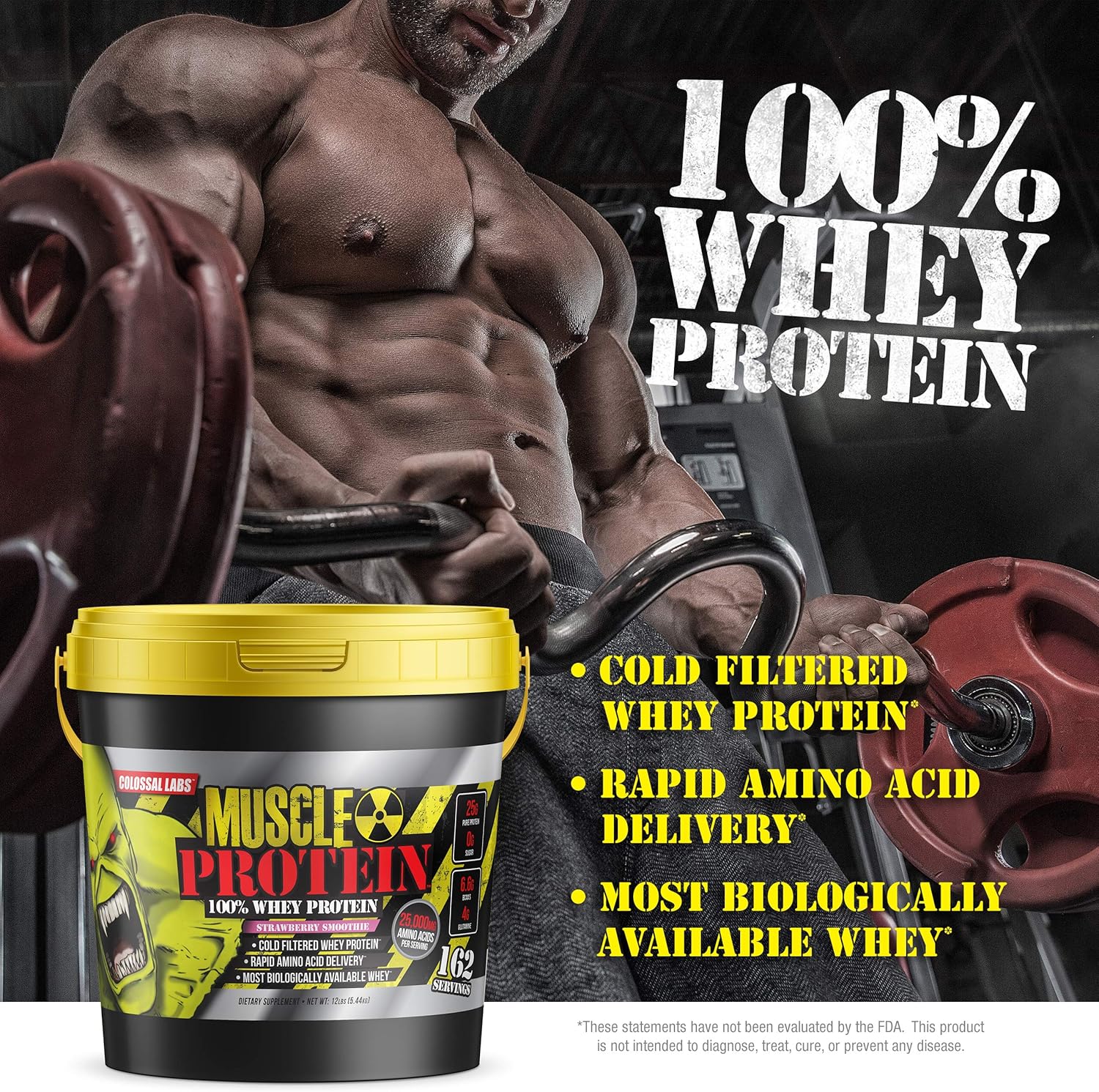 Strawberry Whey Protein Powder - 12 lbs, Cold Filtered, 25g Protein, 6.6g BCAAs - COLOSSAL LABS