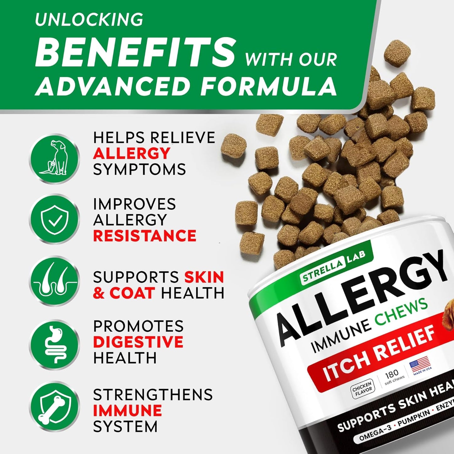 StrellaLab Dog Allergy Relief Chews with Omega 3: Skin & Coat Immune Support Supplement - 180 Ct Made in USA