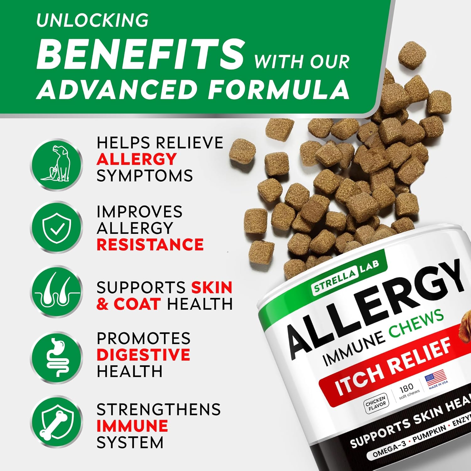 StrellaLab Dog Allergy Relief Chews with Omega 3: Skin & Coat Immune Support Supplement - 180 Ct Made in USA