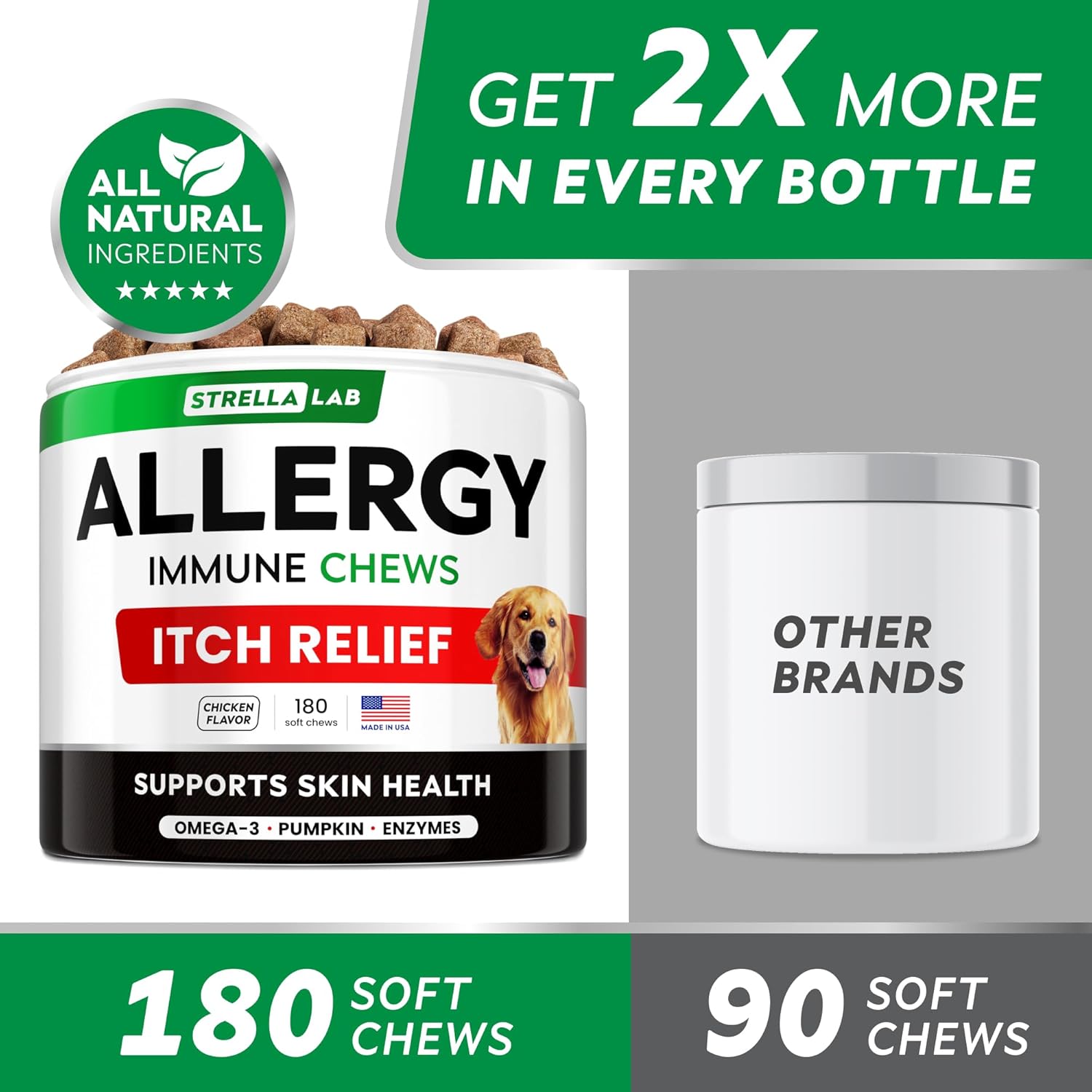 StrellaLab Dog Allergy Relief Chews with Omega 3: Skin & Coat Immune Support Supplement - 180 Ct Made in USA