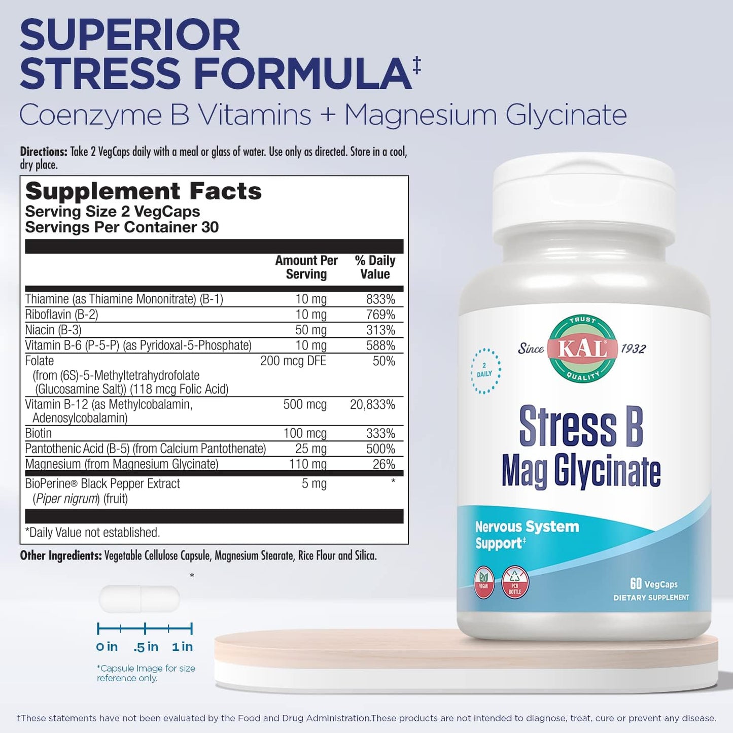 Stress B Complex with Magnesium, Active B Vitamins, Coenzyme B-6, Methylcobalamin, Folate, Mood & Relaxation Support, 60 VegCaps