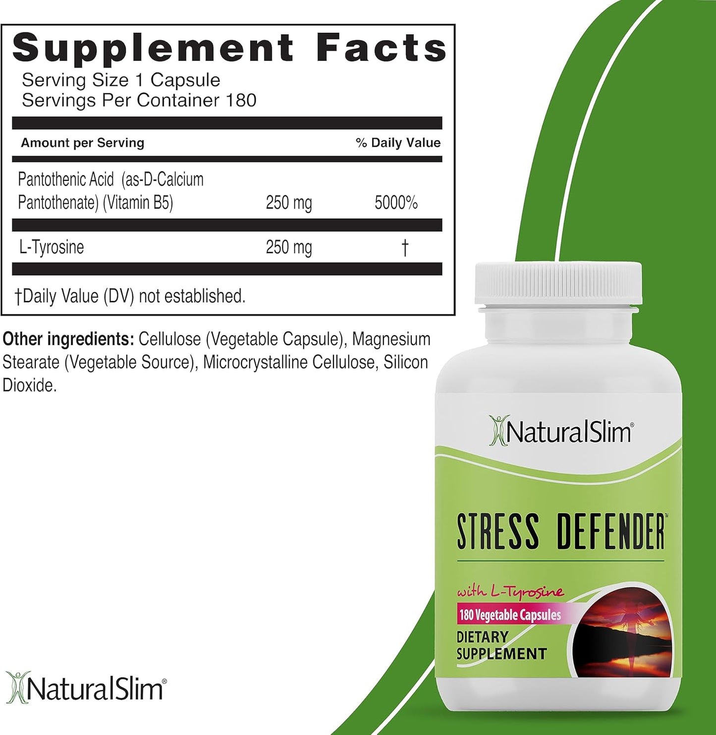 Stress Defender L Tyrosine & Vitamin B5 Natural Supplements - Energy & Focus Support - 180 Capsules (2 Pack)