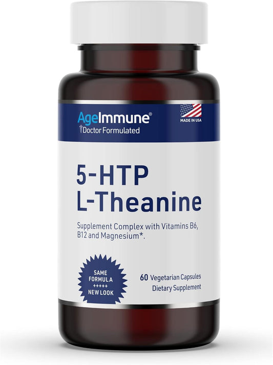 Stress Relief & Relaxation Support Formula for Teens & Adults - Doctor Formulated with 5-HTP, L-Theanine, B6, B12, Magnesium - 60 Capsules