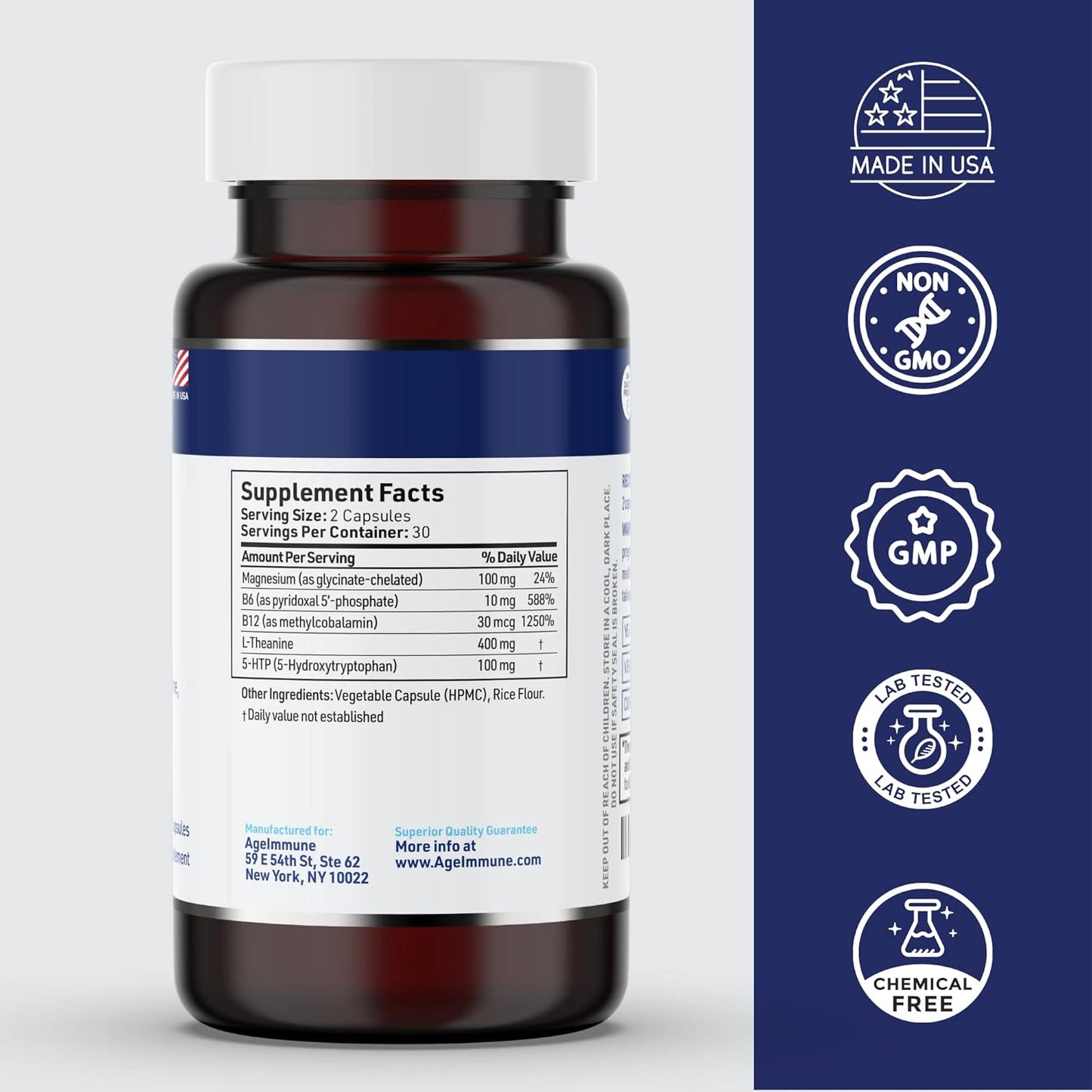 Stress Relief & Relaxation Support Formula for Teens & Adults - Doctor Formulated with 5-HTP, L-Theanine, B6, B12, Magnesium - 60 Capsules