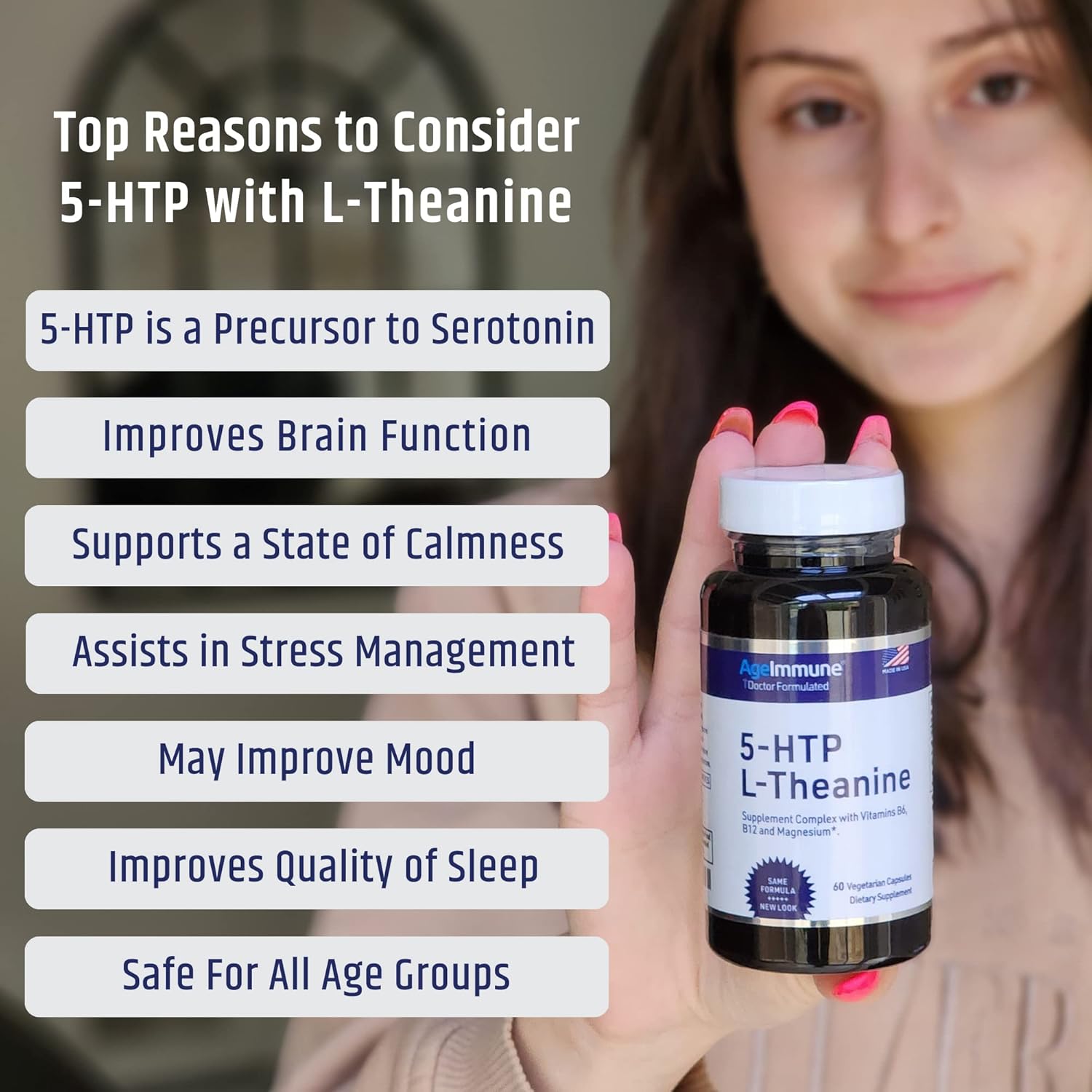Stress Relief & Relaxation Support Formula for Teens & Adults - Doctor Formulated with 5-HTP, L-Theanine, B6, B12, Magnesium - 60 Capsules
