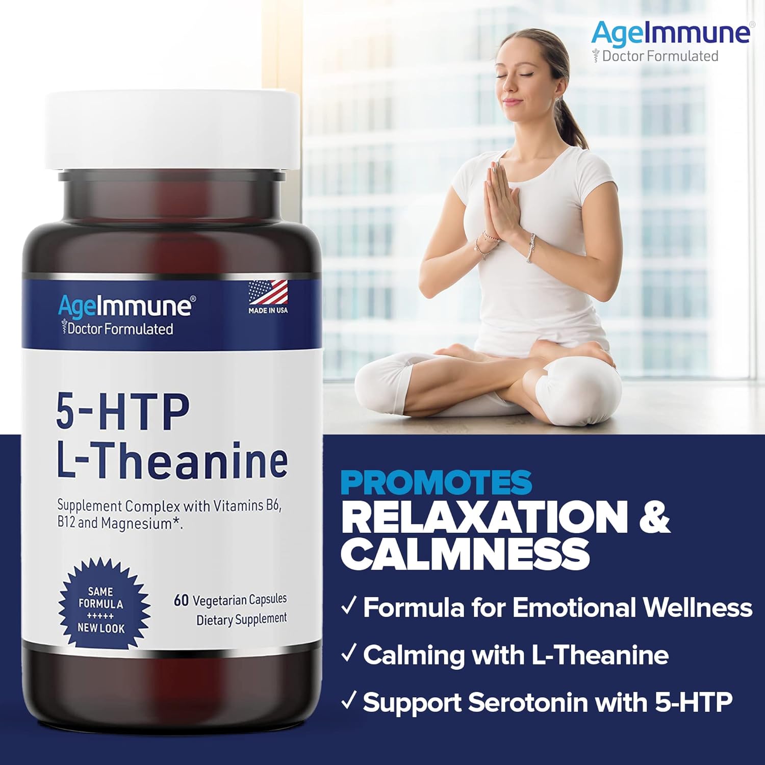Stress Relief & Relaxation Support Formula for Teens & Adults - Doctor Formulated with 5-HTP, L-Theanine, B6, B12, Magnesium - 60 Capsules