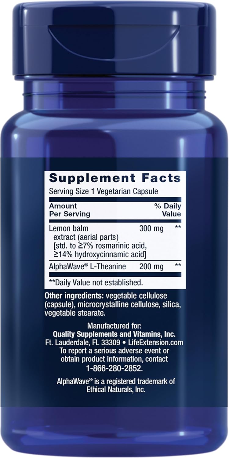 Stress Relief Supplement with Lemon Balm Extract and L-Theanine - Gluten-Free and Non-GMO Vegetarian Capsules, 30 Count