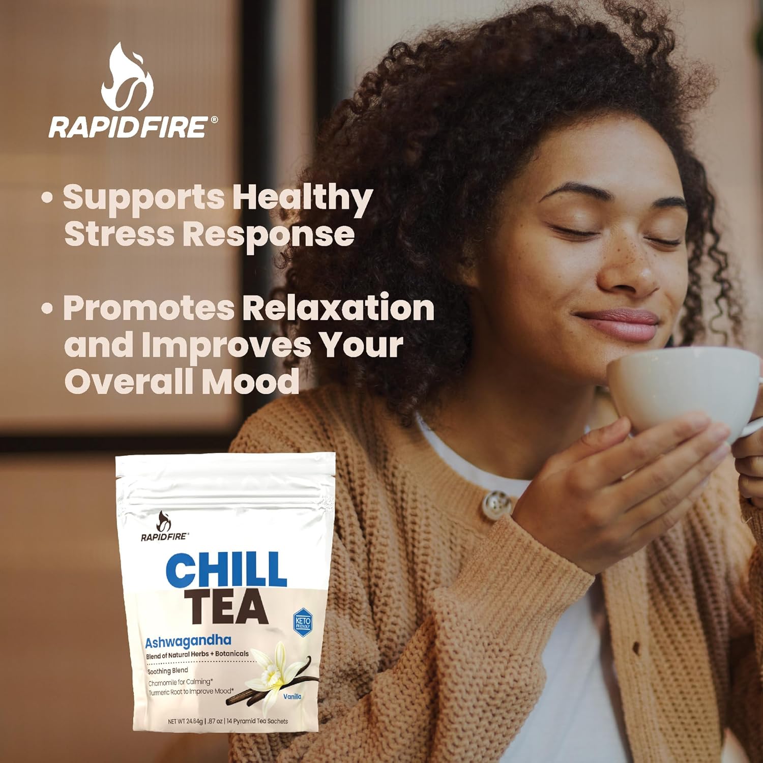 Stress Relief Tea with Ashwagandha, Chamomile, Turmeric - Caffeine Free, 14 Tea Bags
