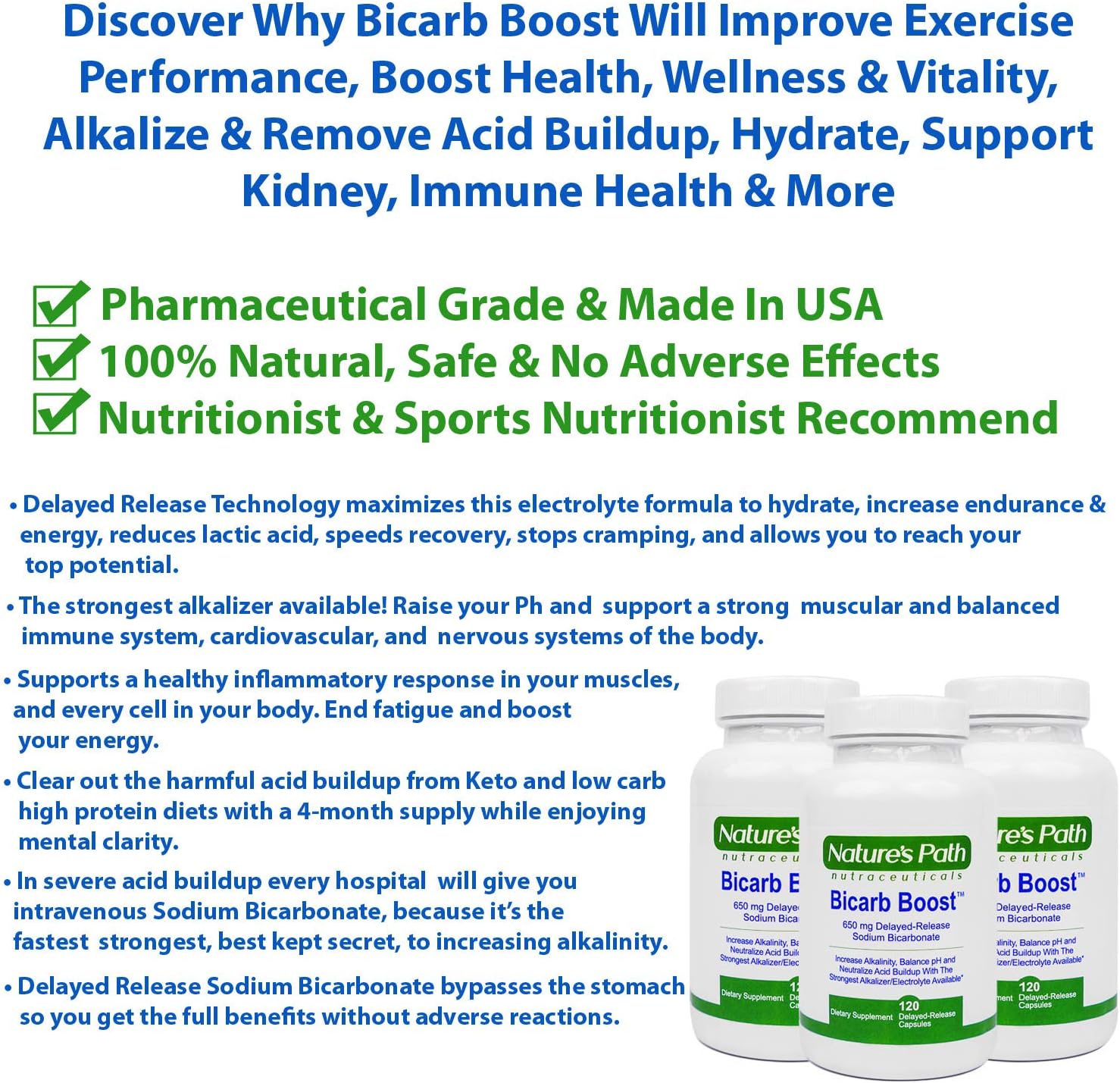 Strongest Alkaline Sodium Bicarbonate Tablets 650mg - Electrolyte Supplement for Hydration, Rehydration, Endurance - 120 Capsules