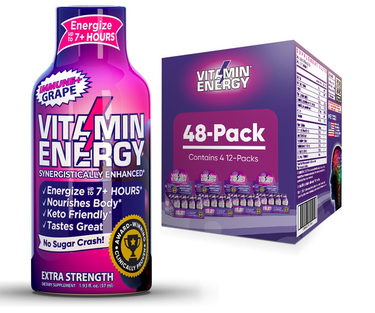 Sugar & Carb-Free Grape Energy Shots | Immunity Formula with Natural Nutrients | Up to 7+ Hours of Energy | Pack of 48 - 1.93 fl oz