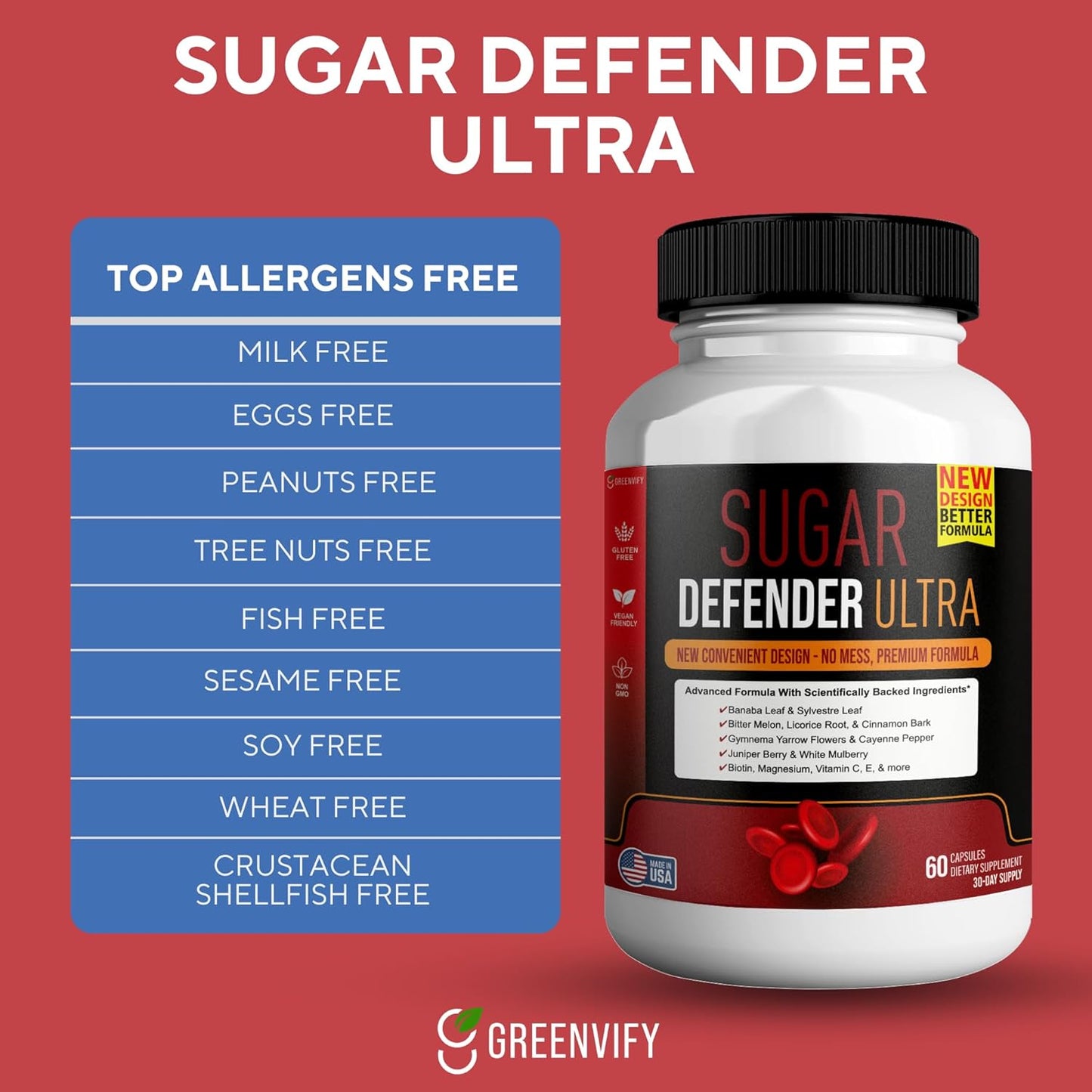 Sugar Defender Ultra - Advanced Formula with Vitamins, Minerals, Banaba Leaf - 60 Capsules, Vegan & Non-GMO