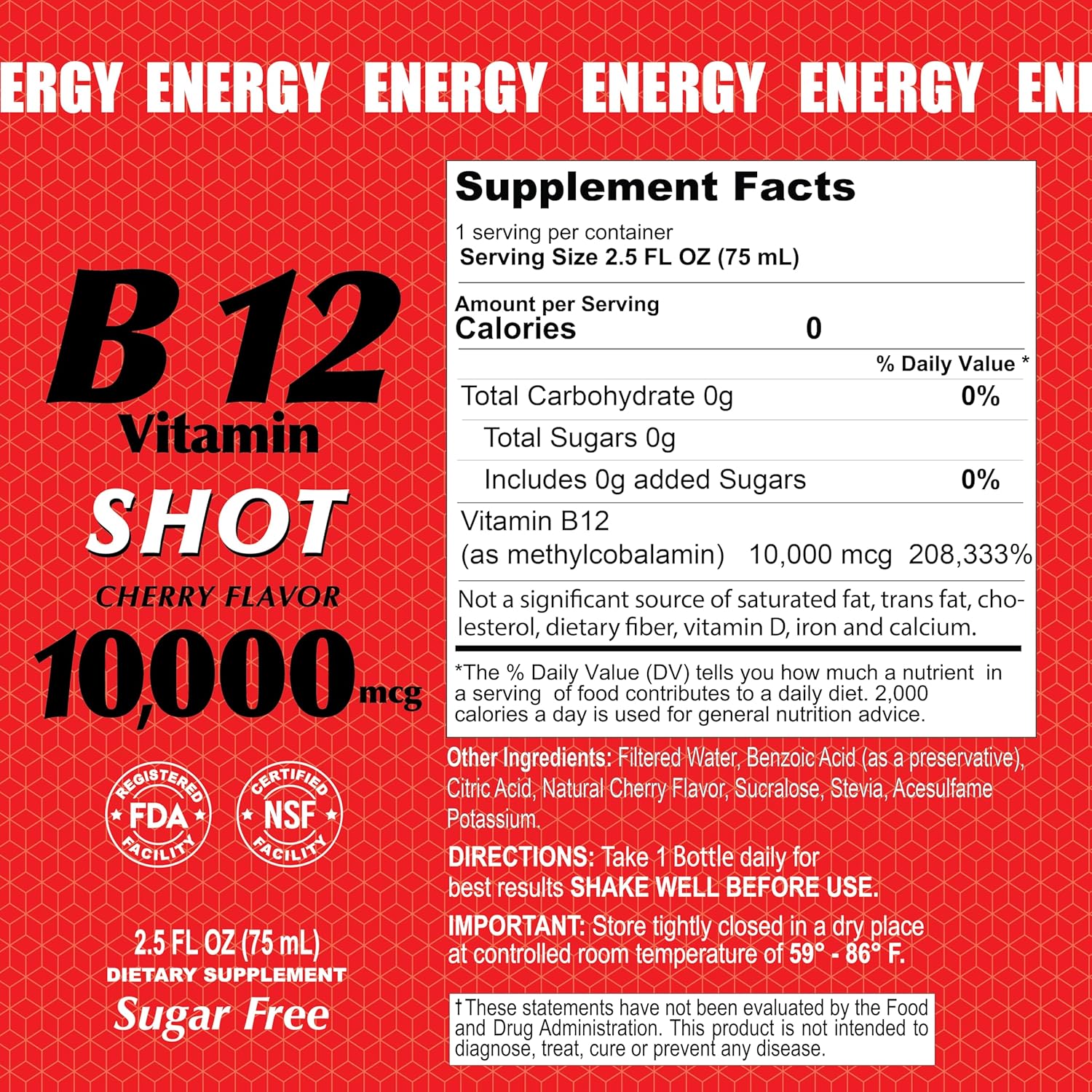 Sugar-Free ALFA VITAMINS B12 Energy Shot - 10000 MCG Highest Potency - Caffeine-Free - 20 Pack of 2.0 FL OZ Bottles