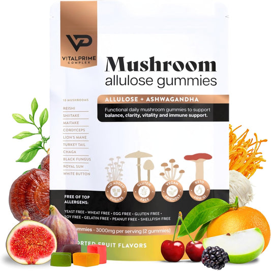 Sugar-Free Ashwagandha & Mushroom Gummies | Immune Support & Energy Boost | Vegan & Keto | 80 Natural Flavored Gummies
