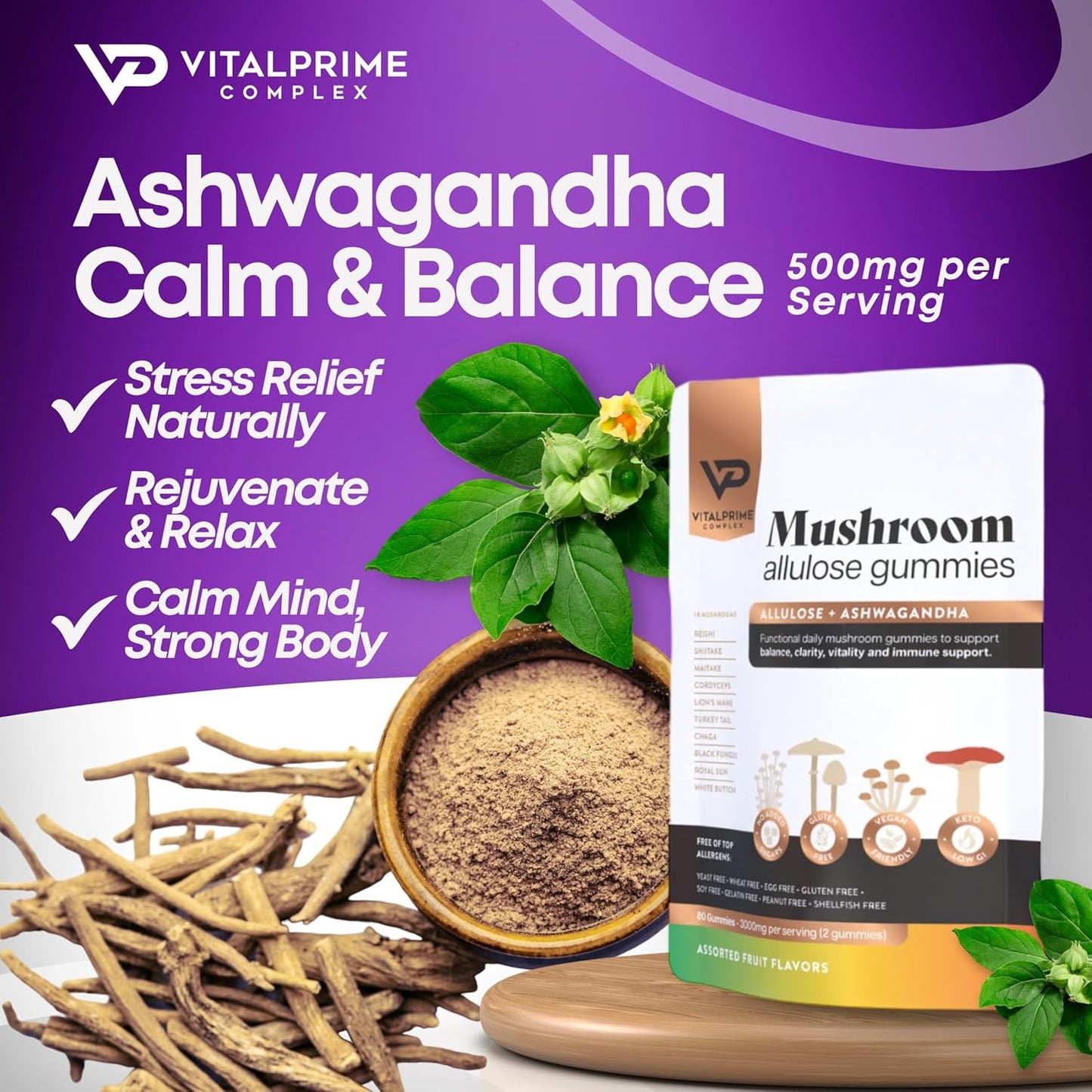 Sugar-Free Ashwagandha & Mushroom Gummies | Immune Support & Energy Boost | Vegan & Keto | 80 Natural Flavored Gummies